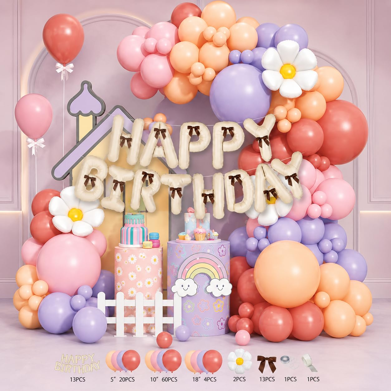 Pastel Birthday Balloon Arch Kit with Banner and Bows, 114 Pieces