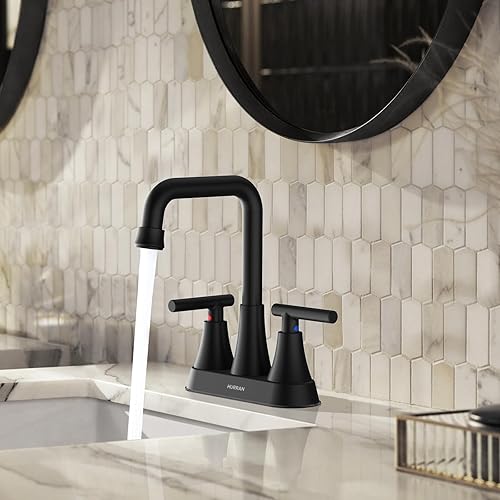 Miniatura 9 de Hurran - Grifo de lavabo de baño negro mate, 4 pulgadas, para fregadero, 3 agujeros con mangueras de drenaje emergentes y suministro, grifo central