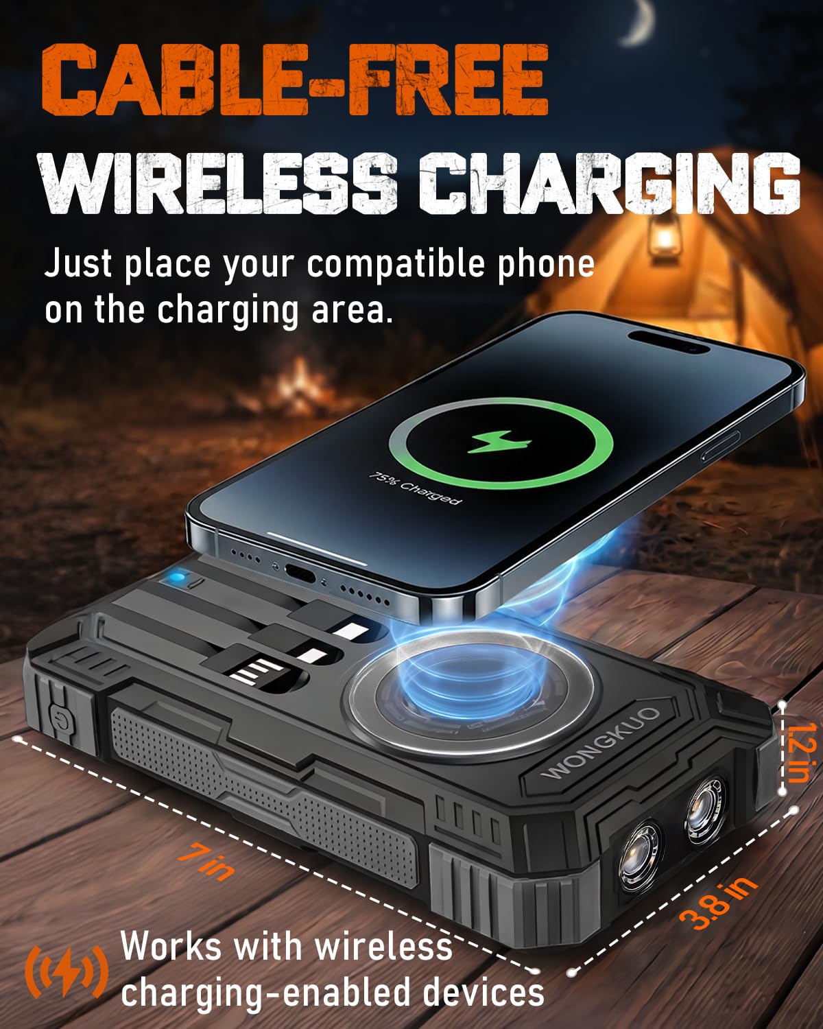 Cargador solar de 49800 mAh, cargador solar para teléfono con entrada y salida USB-C, carga rápida QC 3.0 con linterna LED, 4 cables integrados, IP65 impermeable para exteriores (negro)