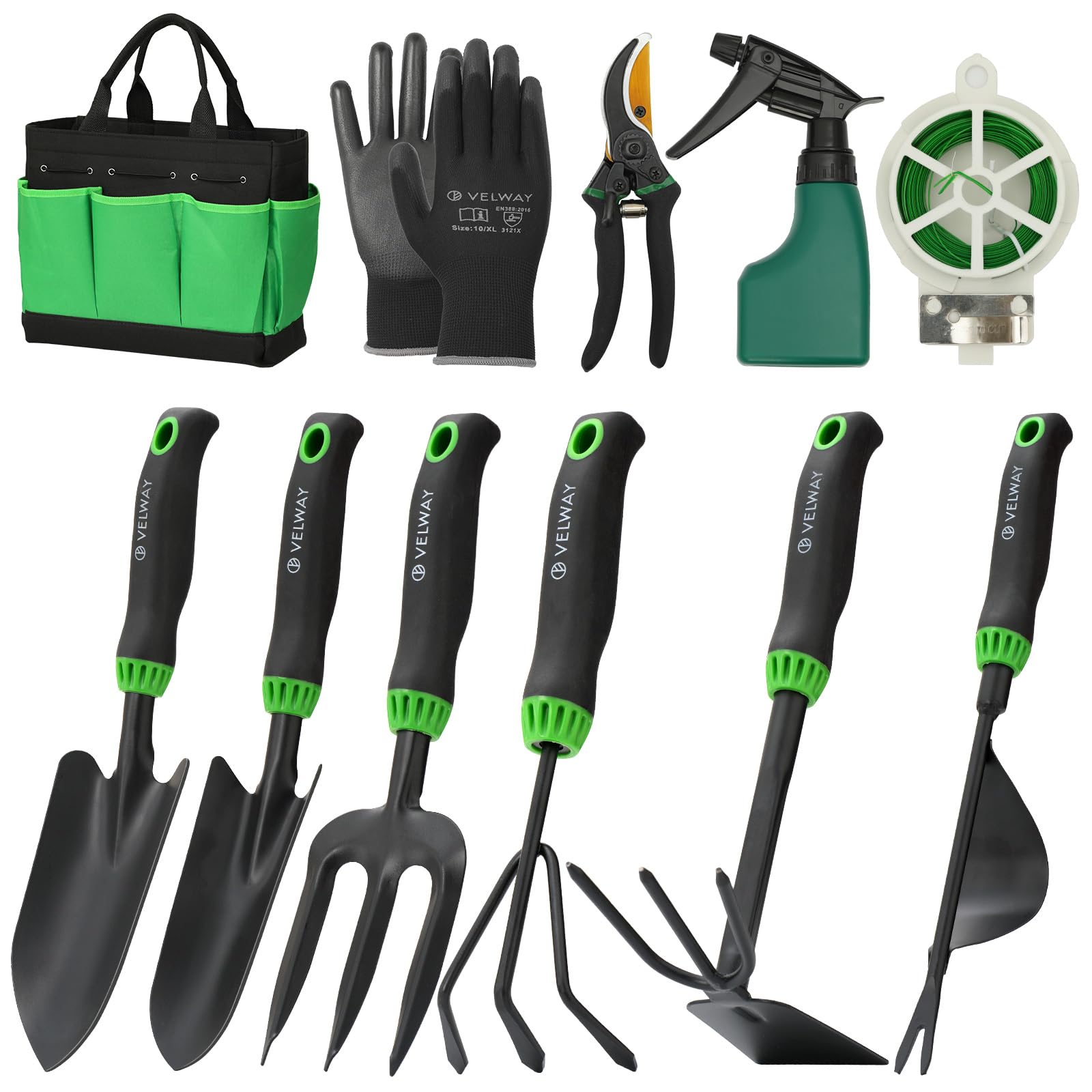 Velway Garden Tools Set -11-Piece Heavy Duty Hand Tool Kit with Ergonomic Handles, Rust-Proof, Carry Tote Bag – Gardening Gifts for Women & Men (Green)