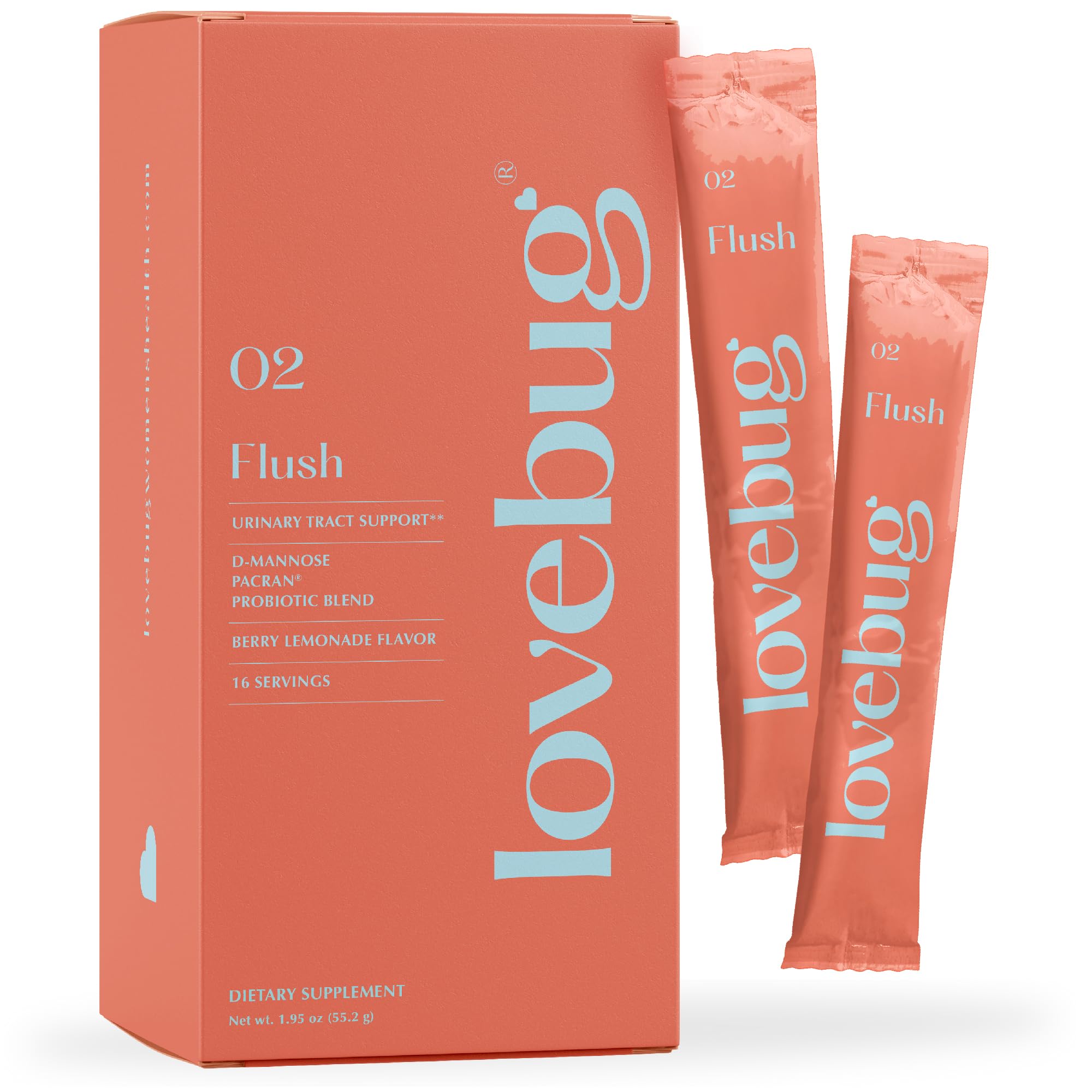 Lovebug Flush Probiotic Drink Mix - Urinary Tract Health & Vaginal Probiotics for Women, UTI, BV, Gut & Yeast Support, 5 Billion CFU, D-Mannose, Vitamin C, Cranberry Supplement Powder, 16 Packets