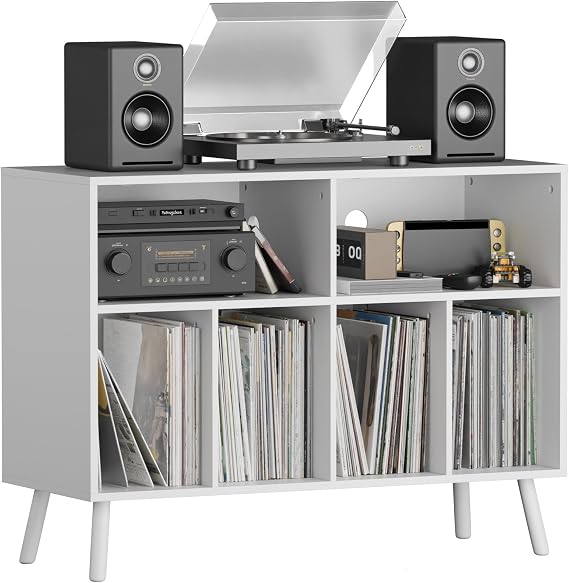 Record Player Stand with Vinyl Storage Cabinet, Wood Turntable Table Open Shelf Holder Up to 350 Albums Cube Storage Organizer for Living Room, Office, White
