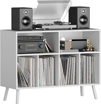 Record Player Stand with Vinyl Storage Cabinet, Wood Turntable Table Open Shelf Holder Up to 350 Albums Cube Storage Organizer for Living Room, Office, White