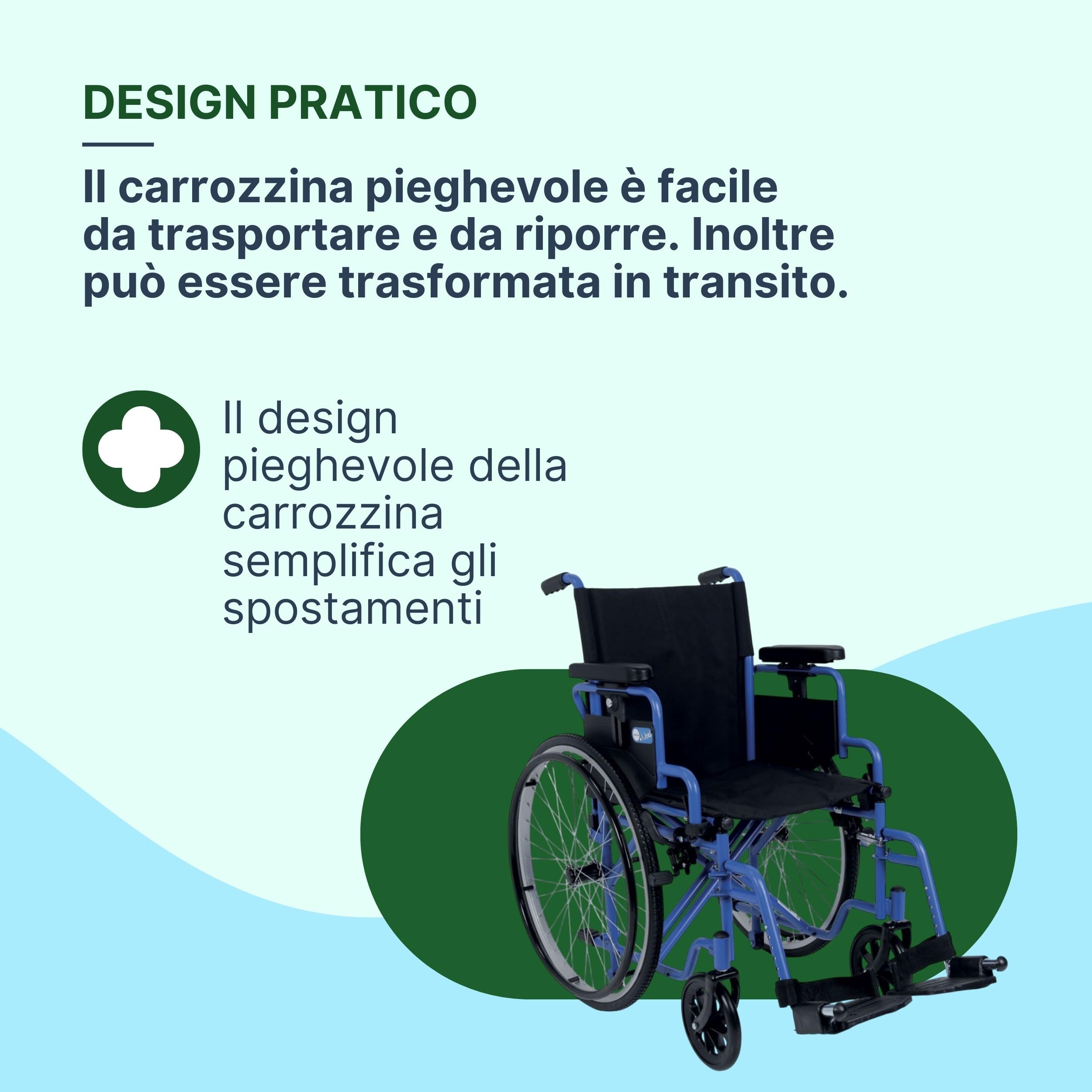 Sedia a Rotelle Pieghevole Leggera ad Autospinta, 46 cm, Blu | Carrozzina per Disabili Trasformabile in Transito, Crociera Doppia, Ruote a Sgancio Rapido, Braccioli Regolabili in Altezza