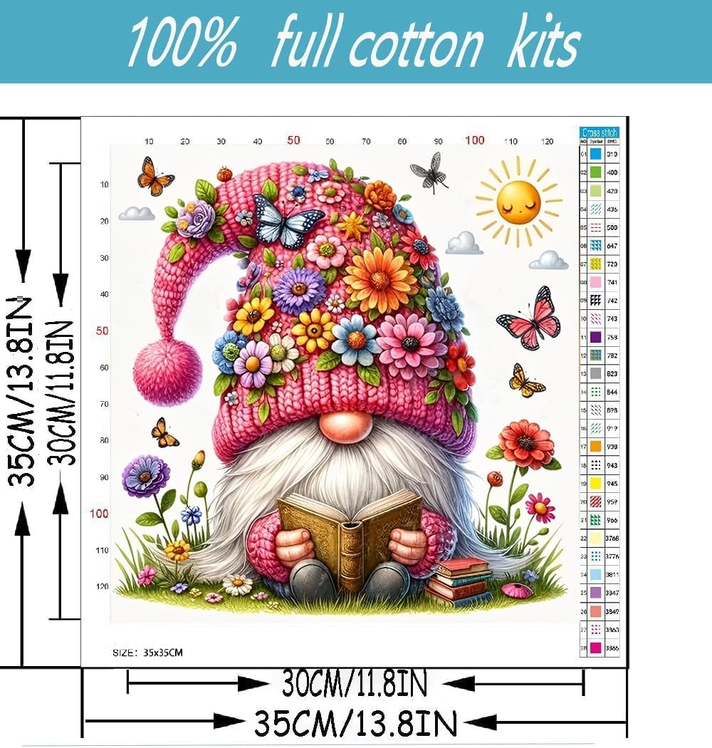 Gnome Stamped Cross Stitch Kits for Adults Beginner, Flowers Counted Cross Stitch Kits Printed Stitching Cute Patterns Dimensions Needlepoint Art Crafts Embroidery Kits for Adults image 2