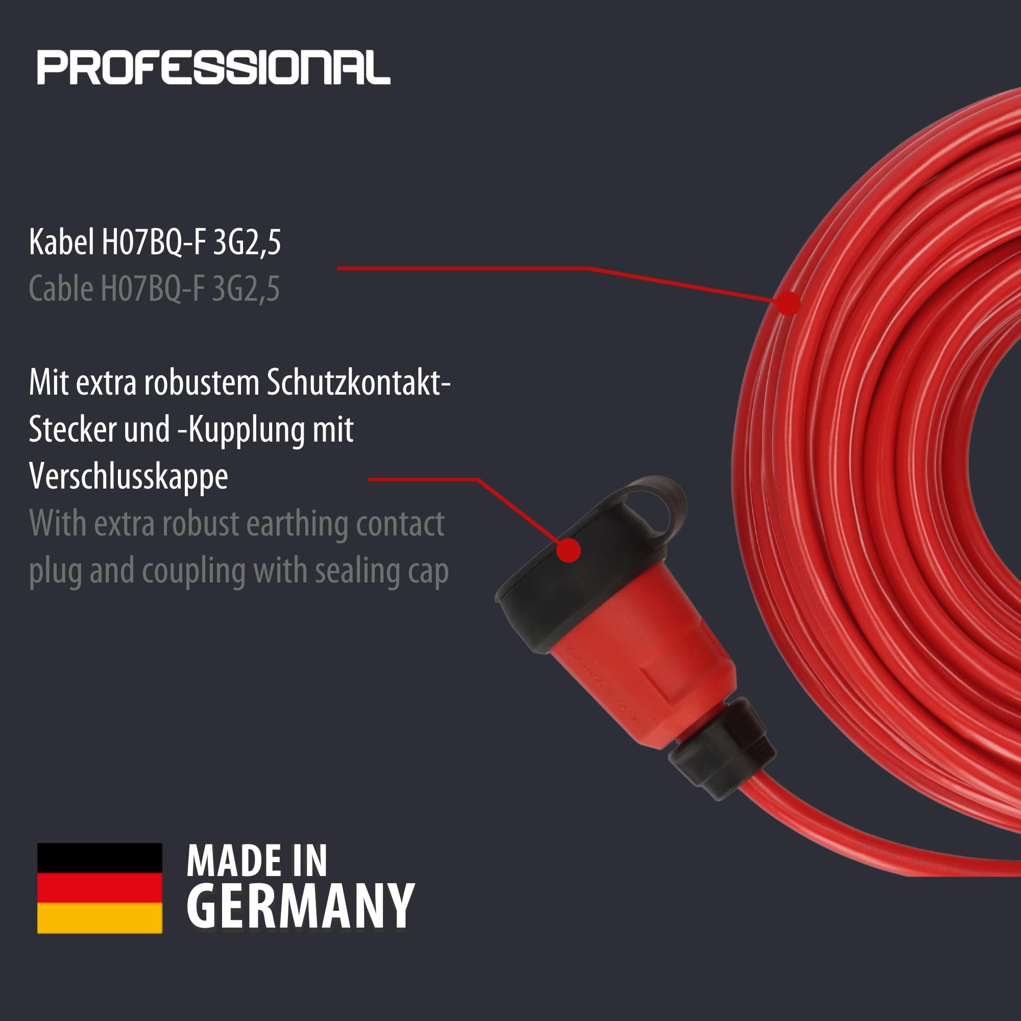 Brennenstuhl Professional przedłużacz VQ 2200 IP44, 25 m, H07BQ-F 3G2,5 w kolorze czerwonym, do zastosowania na placu budowy, do użytku na zewnątrz, Made in Germany
