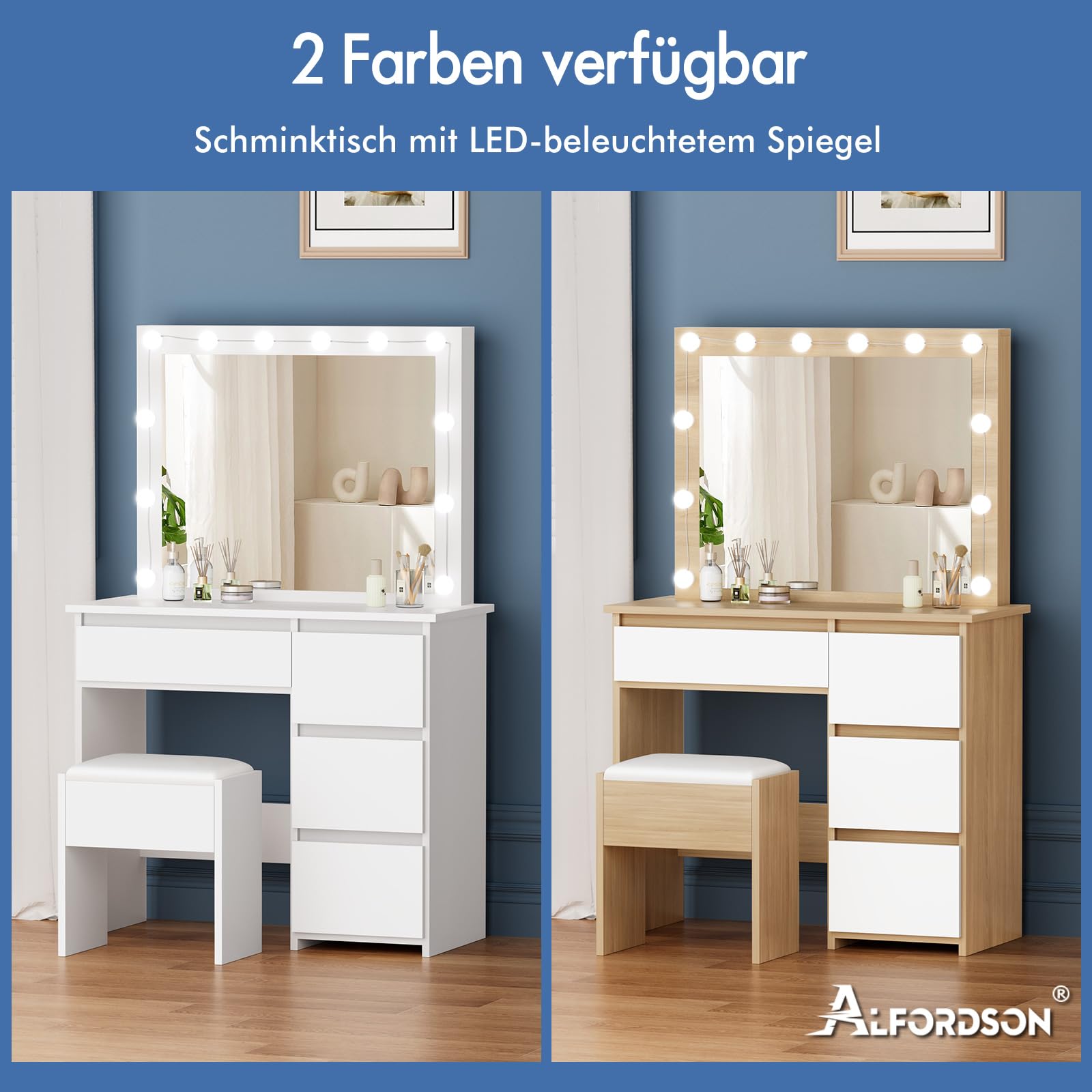 ALFORDSON Schminktisch Spiegel, Makeup Vanity 4 Schubladen und Aufbewahrungshocker, 90 cm Lange Schreibtischplatte, verstellbare LED-Leuchten, Schlafzimmer-Frisiertisch Frauen Mädchen,Holzfarbe