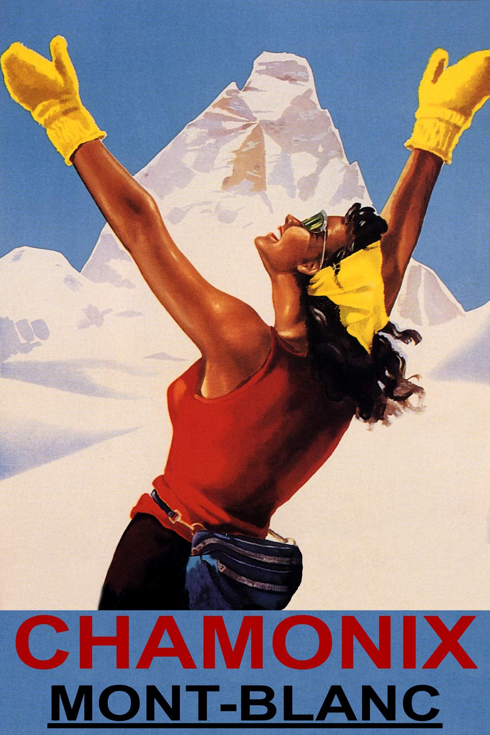 WONDERFULITEMS Chamonix Mont-Blanc Sunny Snow Mountain Ski Happy Woman Skiing Winter Sport 12" x 16" Image Size Vintage Poster Repro on Matte Paper. LIA09CHAMONIX