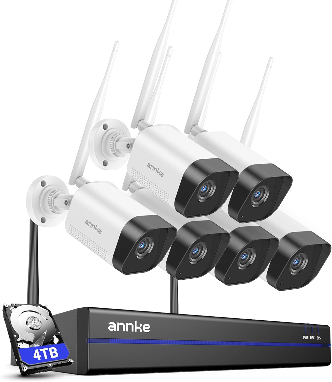 ANNKE Security Camera System, 6pcs Wireless 3MP IP Cameras with 16CH 8MP 4K NVR for Home Security Outdoors, Motion Detection, Two-Way Audio, 100ft Night Vision, Compatible with Alexa, 4TB Hard Drive