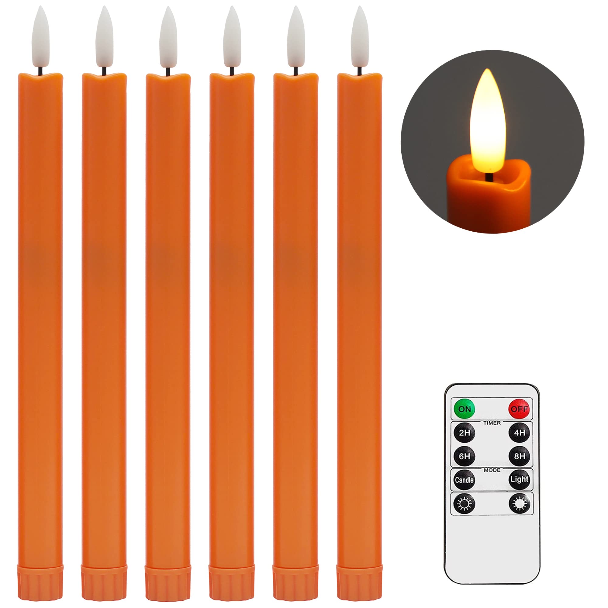 Flameless Orange Taper Candles with Remote - 10 Inch LED Candlesticks Flickering, Realistic 3D Flame with Wick, Warm White Light, Thanksgiving Fall Autumn Decor for Home, Timer - Set of 6