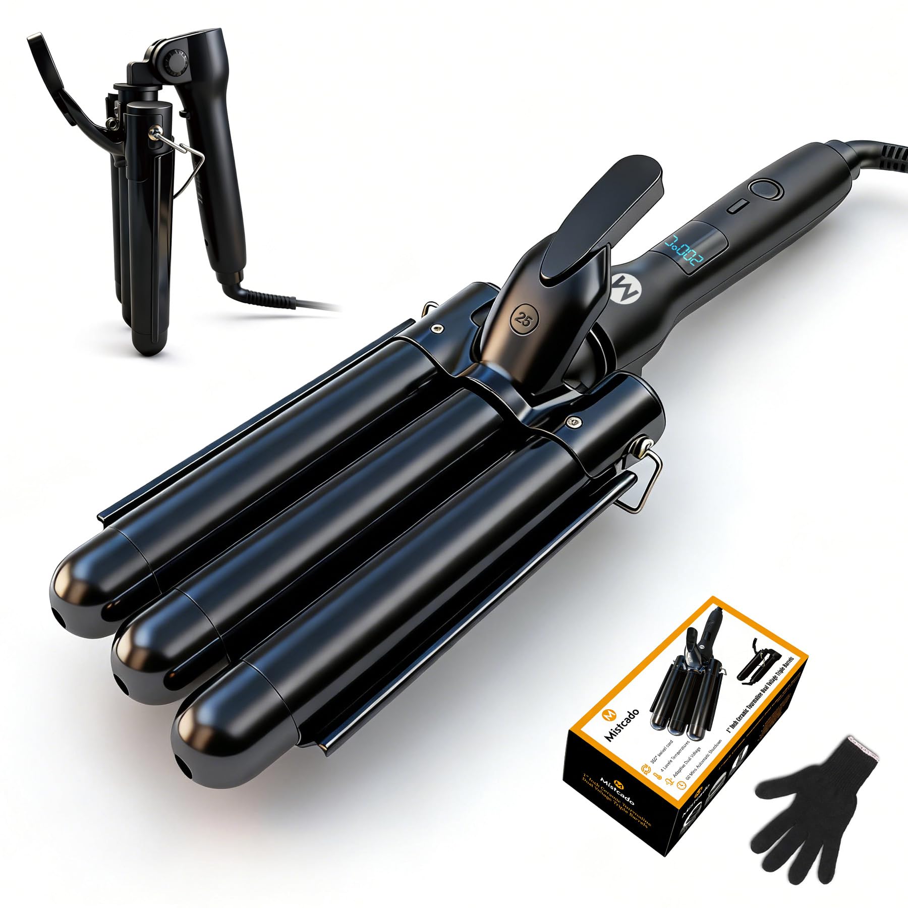 3 Fässer Welleneisen, 25mm Keramik Turmalin Haar Lockenstab Waver Wand mit LCD-Temperaturanzeige, Schnelle Heizung Faltbar Crimpers für Reisen (Schwarz)