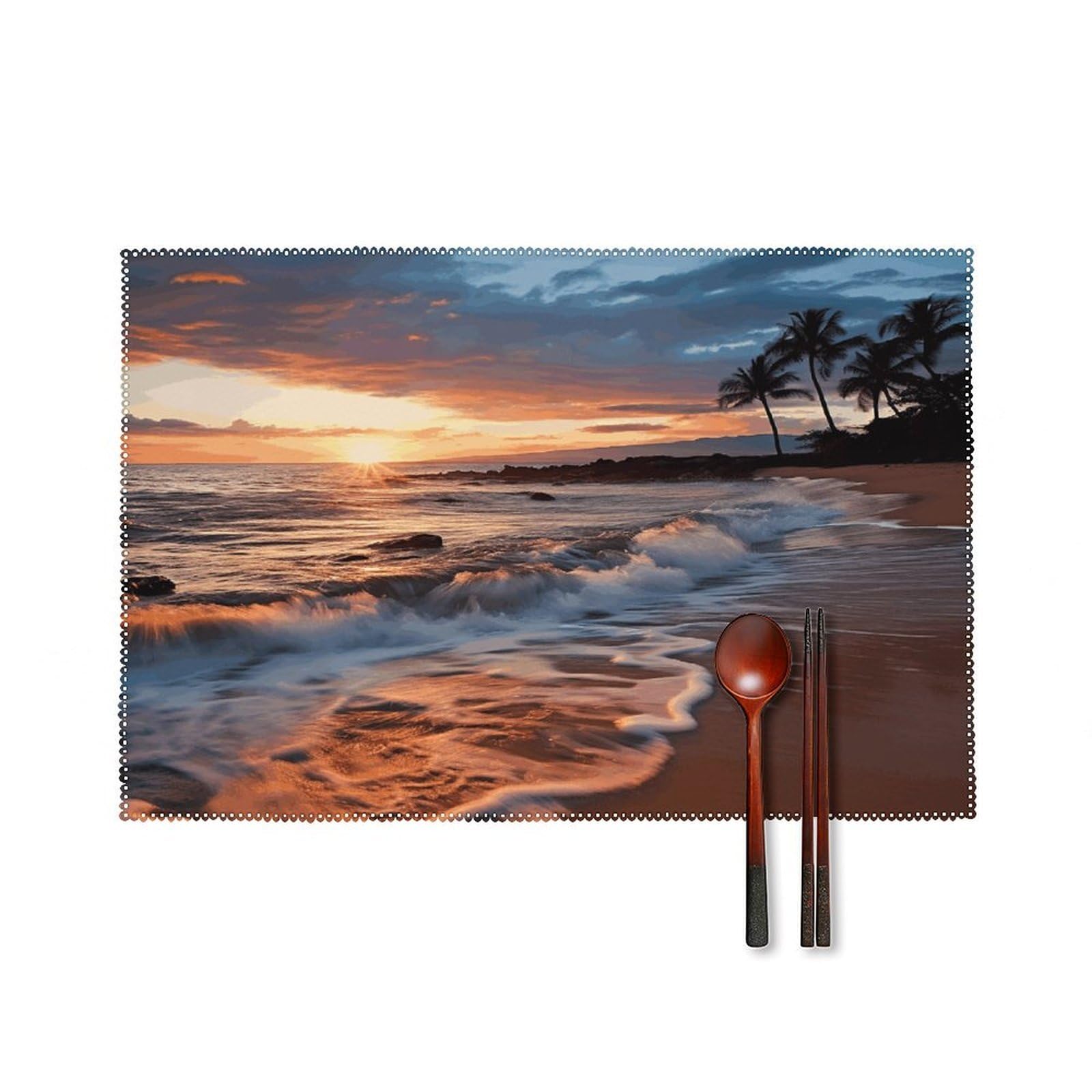 Beach Maui Hawaii Sunset Sea Waves Clouds Placemats Set of 4 Canvas Washable Cloth Place Mats Wipeable Heat Resistant Table Mats Elegant Cloth Placemat for Kitchen Dinning Party Table Decor 12" X 18"