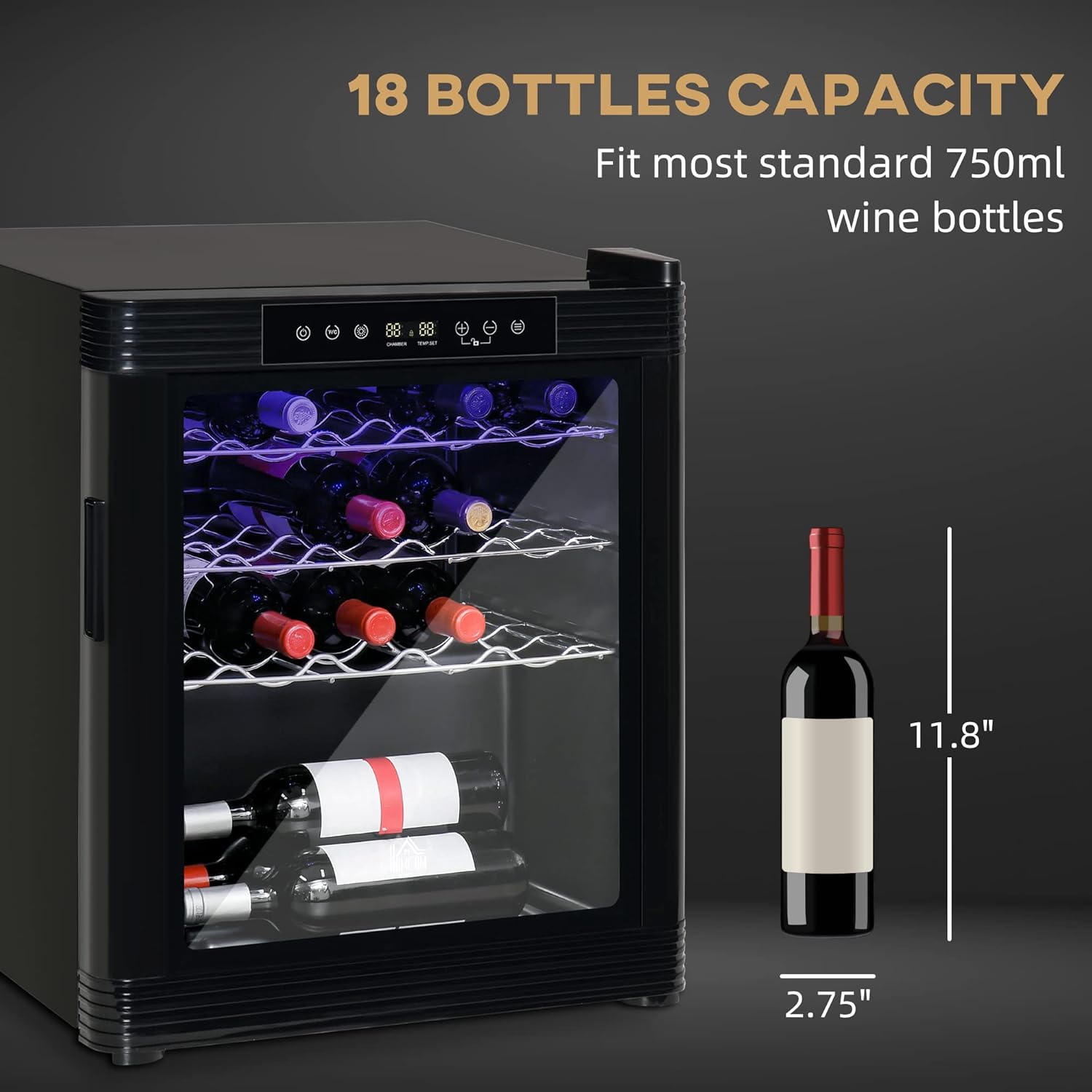 YESGIGA 18 Bottle Wine Cooler, Mini Beverage Fridge, Freestanding Wine Cellar with Digital Temperature Control, 3 Removable Shelves, Glass Door, Alarm Function and LED Lighting, Black