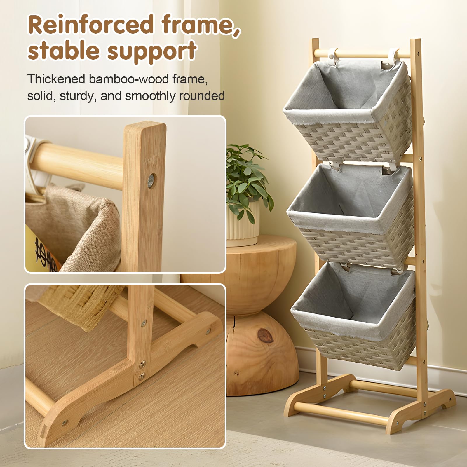 Estantería escalonada con cestas, estante de almacenamiento de 4 niveles con estructura de madera, estante independiente de pie con forro de tela extraíble para frutas (4-Tier-49.6"H×26.6"W×13.8"D)