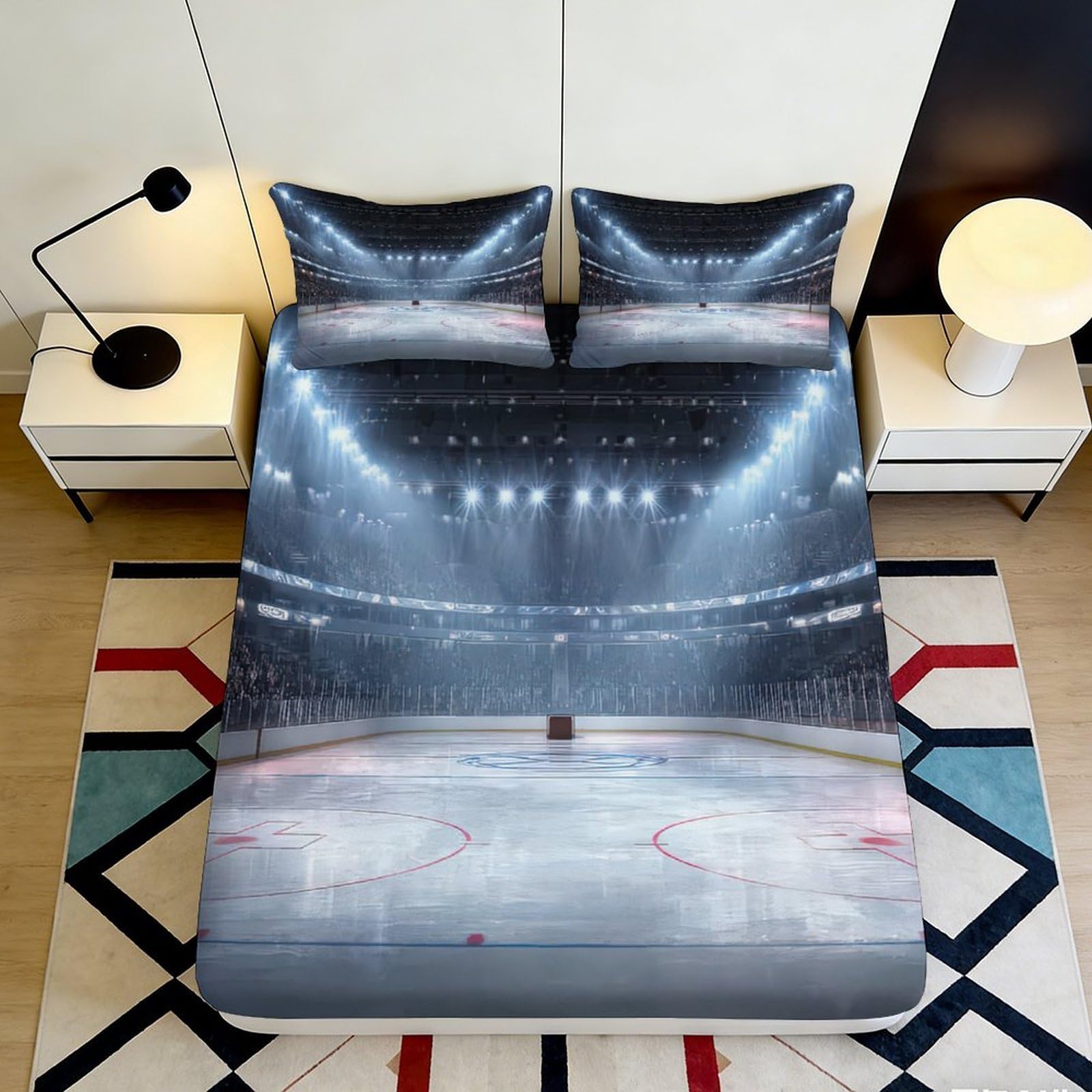 3D Printed Ice Hockey Arena Fitted Sheet Microfiber Soft Anti-Slip Sports Stadium Mattress Cover for Bedroom Dorm Decor 90x200x25cm