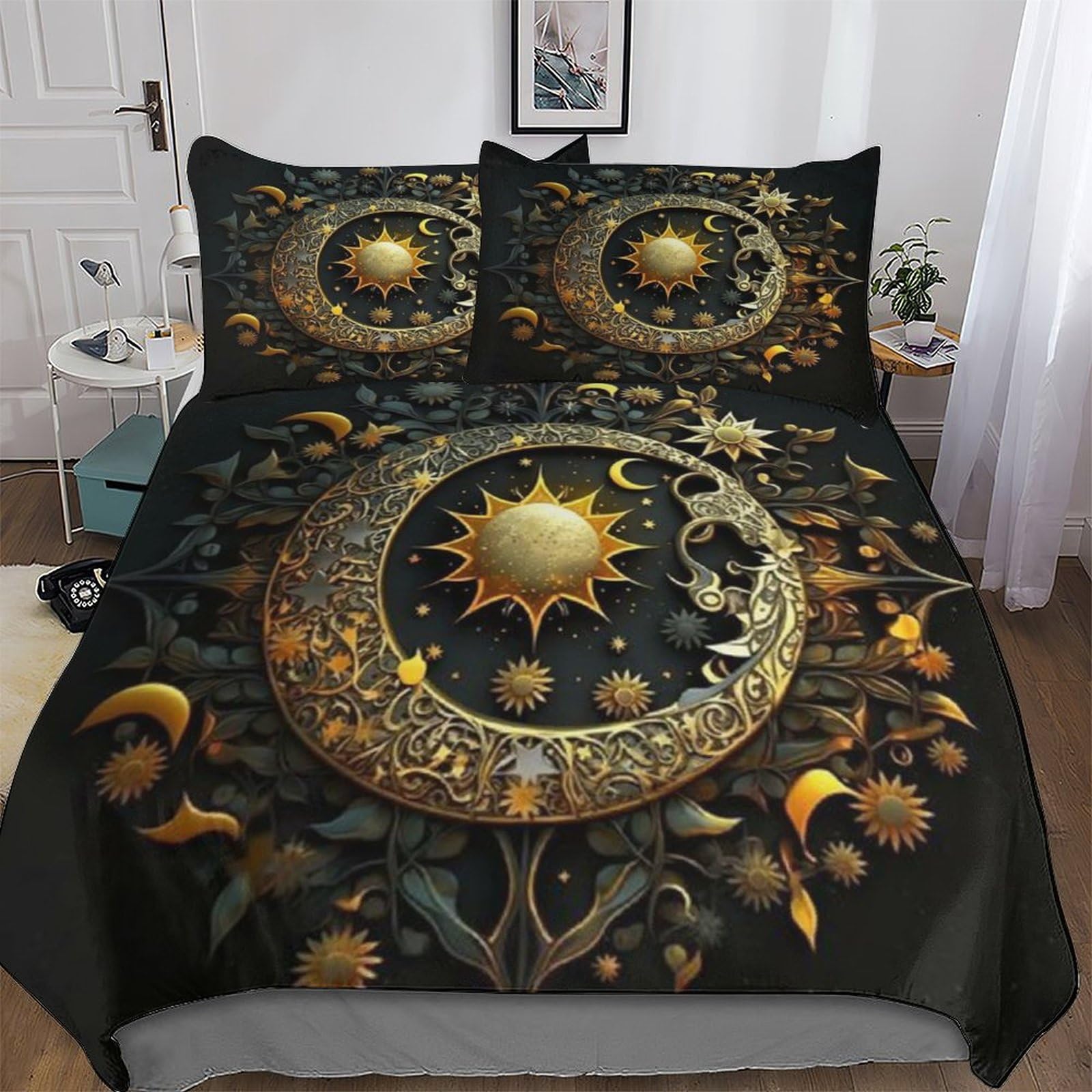 Pazzk Boys Sun And Moon-1 Sun And Moon Bedding Quilt Cover 2 Pieces Sets Easy Care Super-Soft Polycotton Comforter Cover Comfortable & Durable Duvet Cover With Pillowcases For Girls Double (200X200cm)