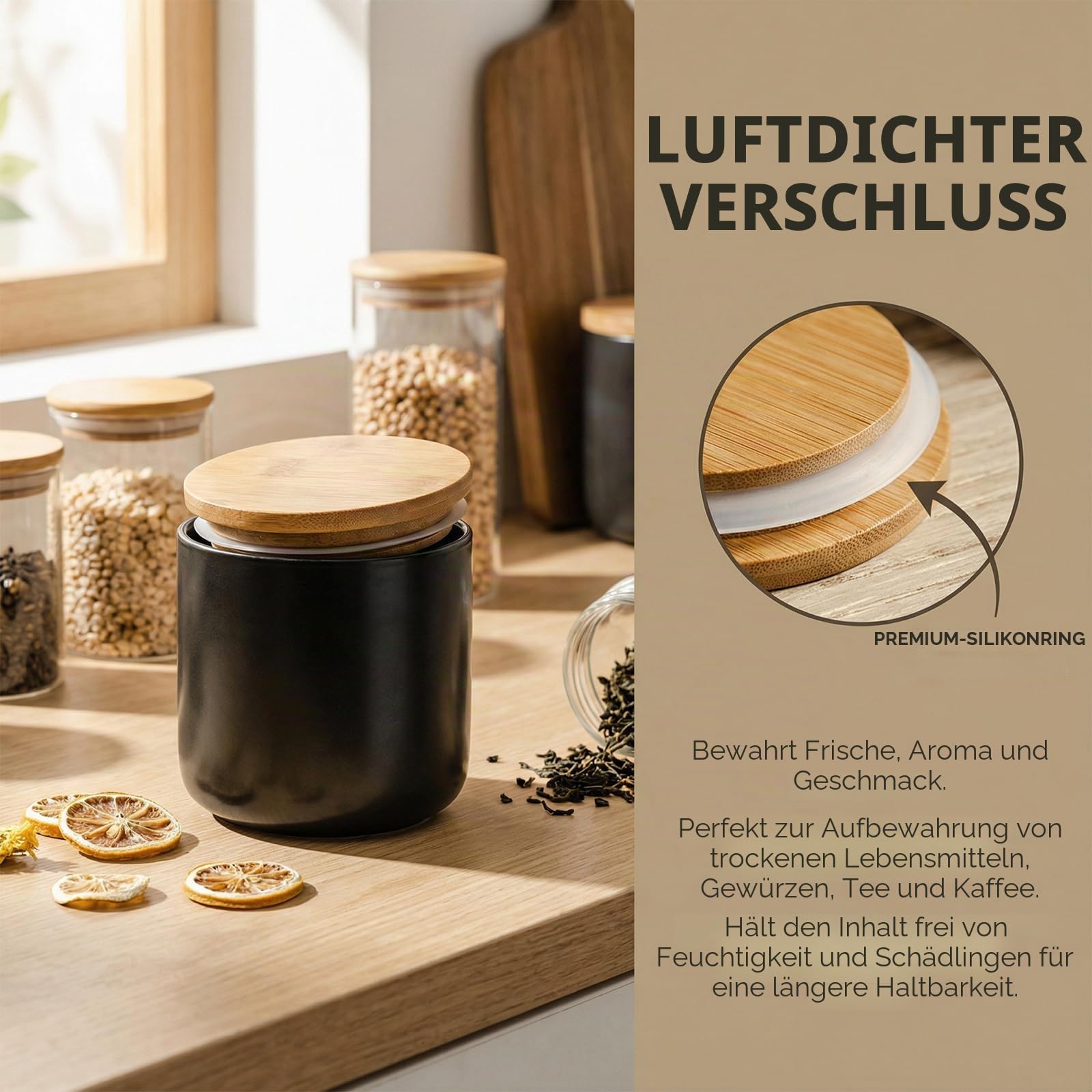 Amexo Schwarz Keramik Vorratsdose Kaffeedose mit Versiegeltem Bambusdeckel, Moderne Design Frischhaltedose 260ml/9oz Keramik Aufbewahrungsdosen für Tee Kaffee Bohne Zucker Gewürz Nüsse Korn Snack