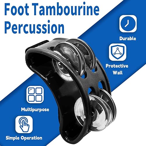 Miniatura 3 de Jiozermi 1 paquete de percusión de pandereta de pie, instrumento negro con cascabel de metal, instrumento rítmico para adultos