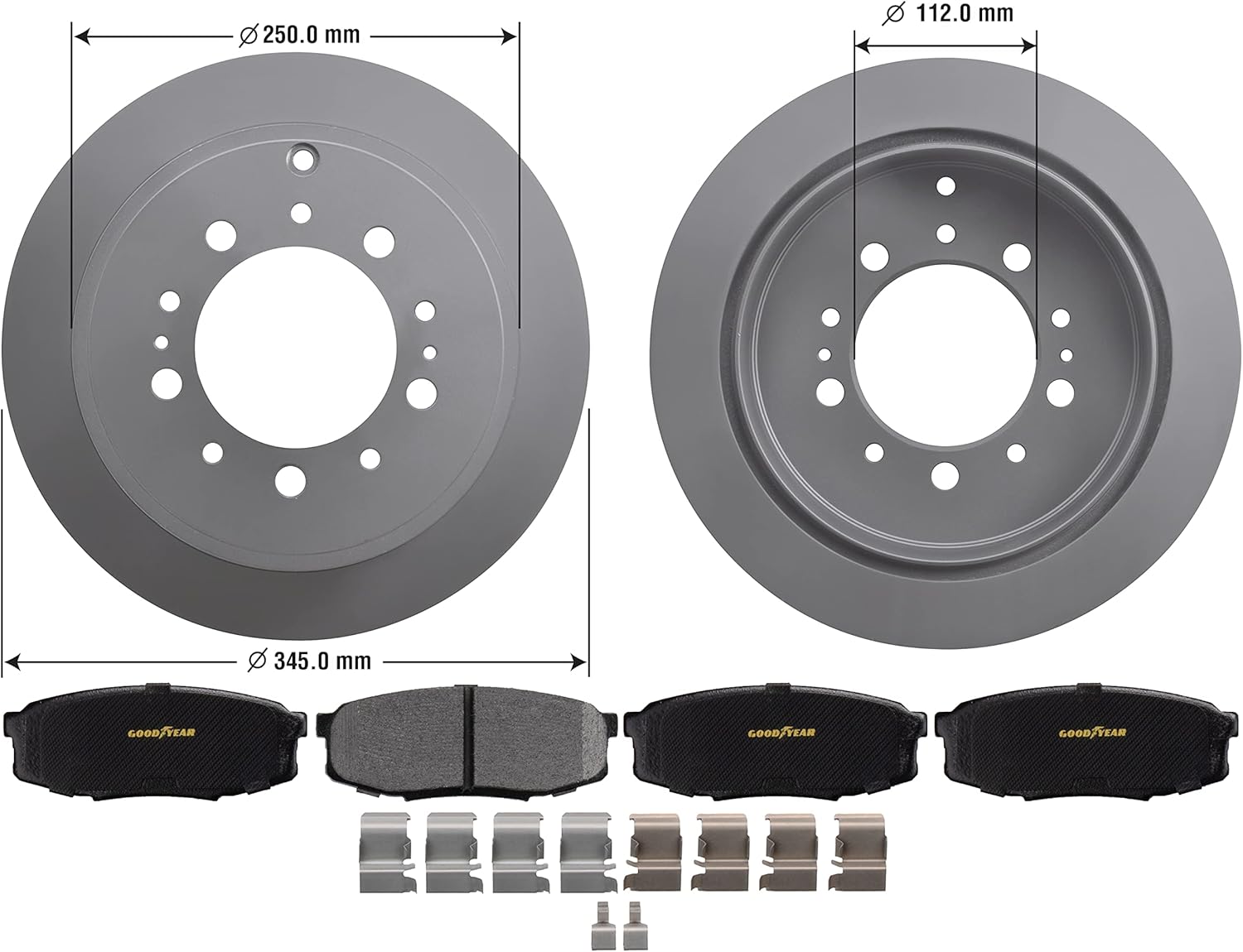 Goodyear | Premium Rear Rotors (2) and Brake Pads (4) for Lexus LX570 (2008-2021); Toyota Land Cruiser (2008-2021); Sequoia (2008-2022); Tundra (2007-2021).