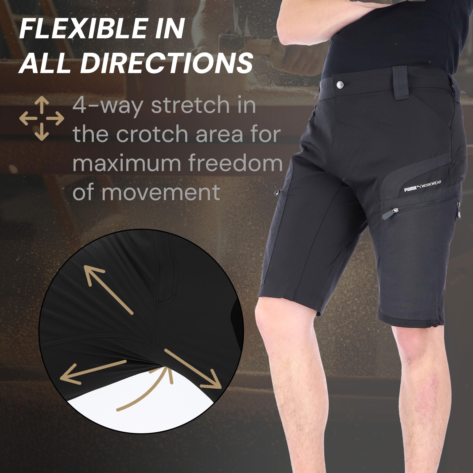 PUMA Workwear Pro-One Adventure Short de randonnée pour homme - Nylon renforcé et durable - Pantalon de trekking avec stretch 4 directions - Avec anneau en D - Pantalon d'extérieur