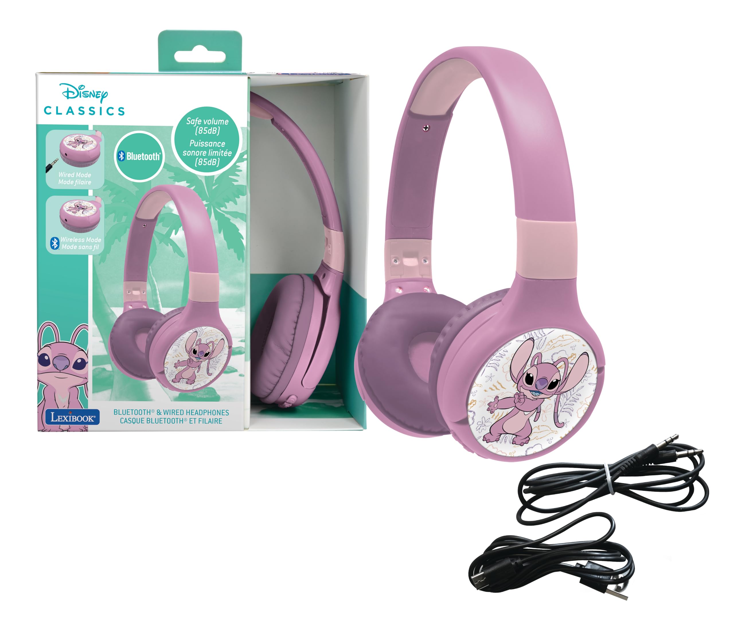 LEXIBOOK, Disney Stitch, Angel 2-in-1 Bluetooth & Wired Headphones with microphone and control buttons, Foldable and Adjustable, Long-lasting rechargeable battery, Pink, HPBT010D1