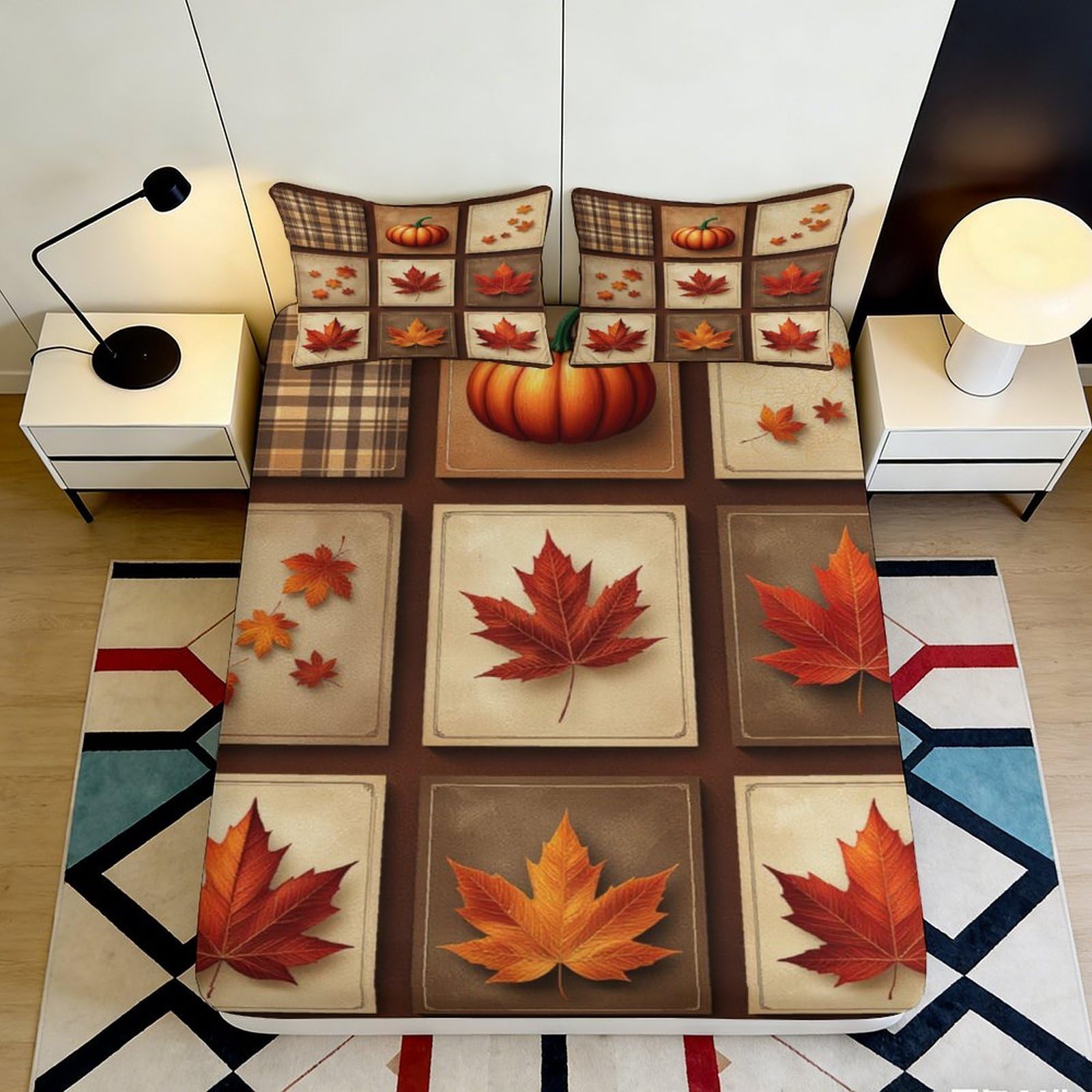 3D Printed Autumn Maple Leaf Fitted Sheet Microfiber Soft Pumpkin Pattern Mattress Cover Decor for Bedroom Guest Room 90x200x25cm
