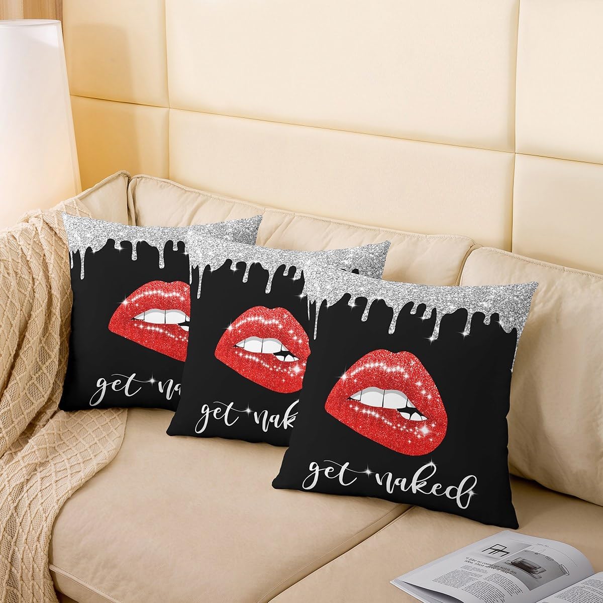 Feelyou Red Sexy Lips Throw Pillow Covers 16 x 16-Inch, Diamond Get Naked Square Cushion Covers Set of 4 Glitter Lips Pillow Covers for Teens Adults Funny Get Naked Cushion Covers for Couch Sofa