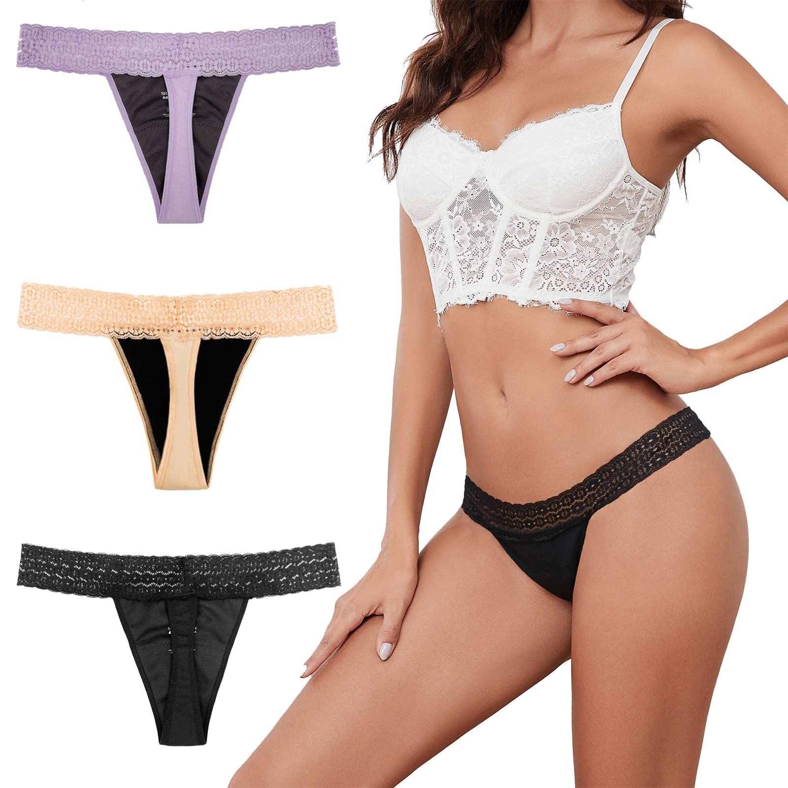 Braguita menstrual sexy para mujer, tanga de encaje a prueba de fugas, bikini absorbente de 4 capas, S