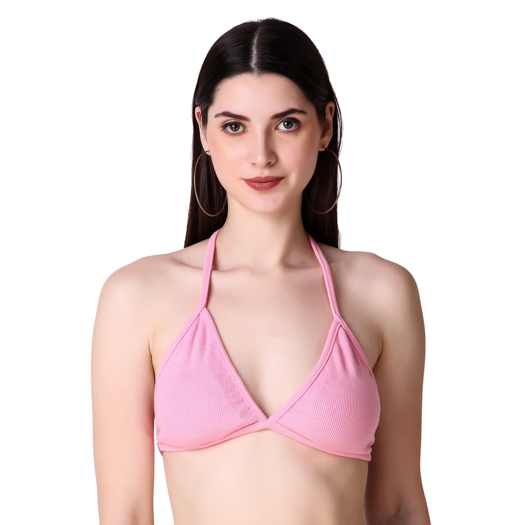 istyle can Backless Sleeveless Solid Beachwear Back Tie Up Women Trendy Top Rib Knit/Ribbed Women's Crop Cami Tank Bikini Top for Women | Beach Top (Free Size, Soft Pink)-picture-6