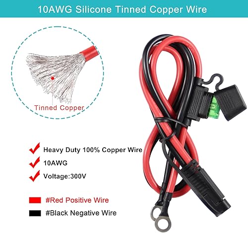Miniatura 3 de Arnés de terminal SAE a junta tórica de 2 pies 10 AWG - Terminal de junta tórica con ojales, arnés de calibre 10 con fusible de 30 A, cable de carga