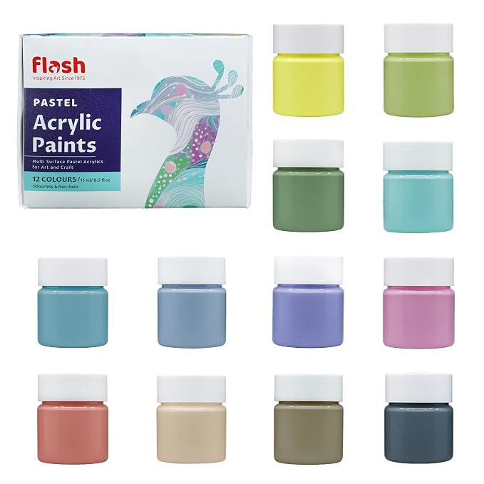 Flash Pastel Acrylic Colours-Rich Pigments Non Fading Non Toxic Acrylic Paint Set for Artists Professionals Students Hobby Painters (Set of 12 Colors-15 ml each, Multi)