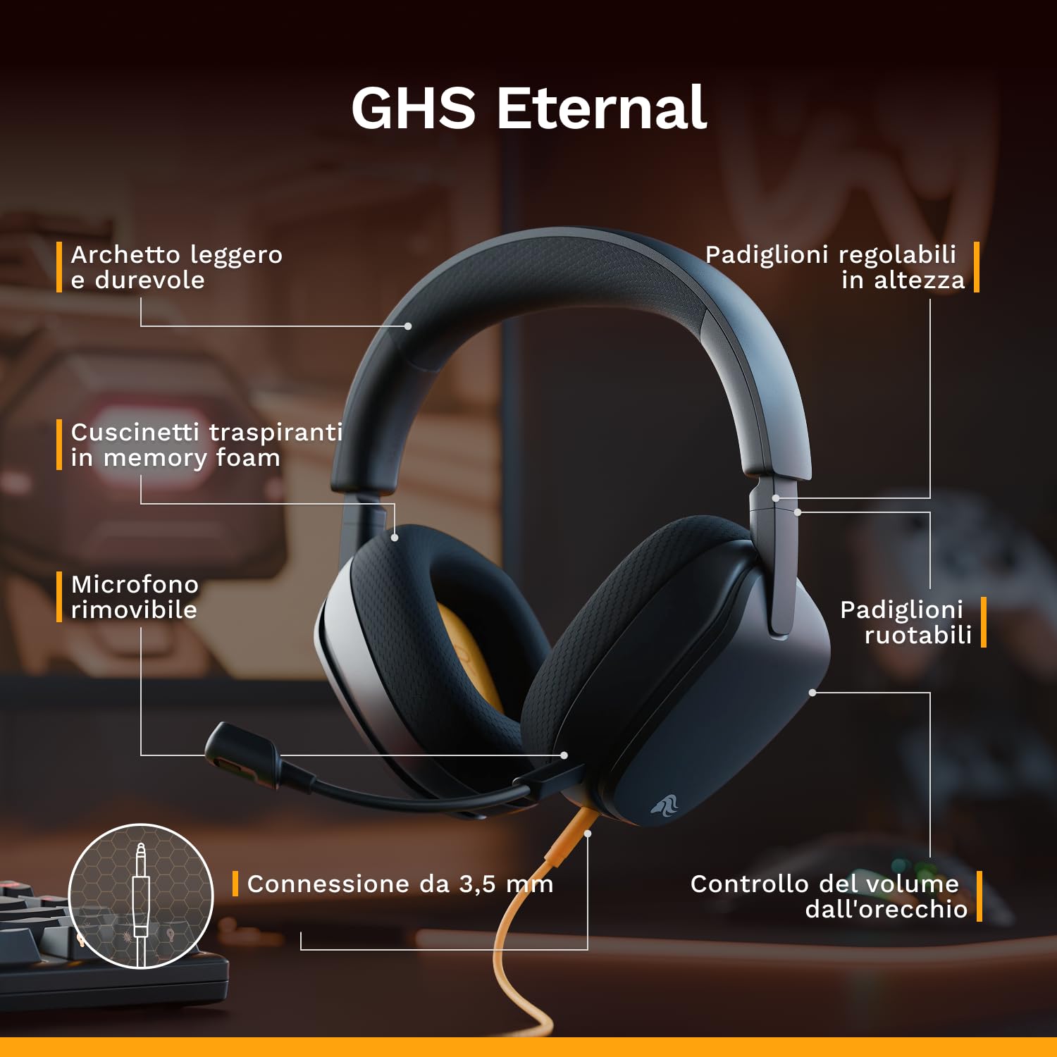 GLORIOUS GHS Eternal - Cuffie stereo gaming per PC, PS5, PS4, Xbox, Switch - Driver angolati personalizzati, microfono rimovibile con audio nitido, 3,5 mm - Resistenti, comfort prolungato - Nere