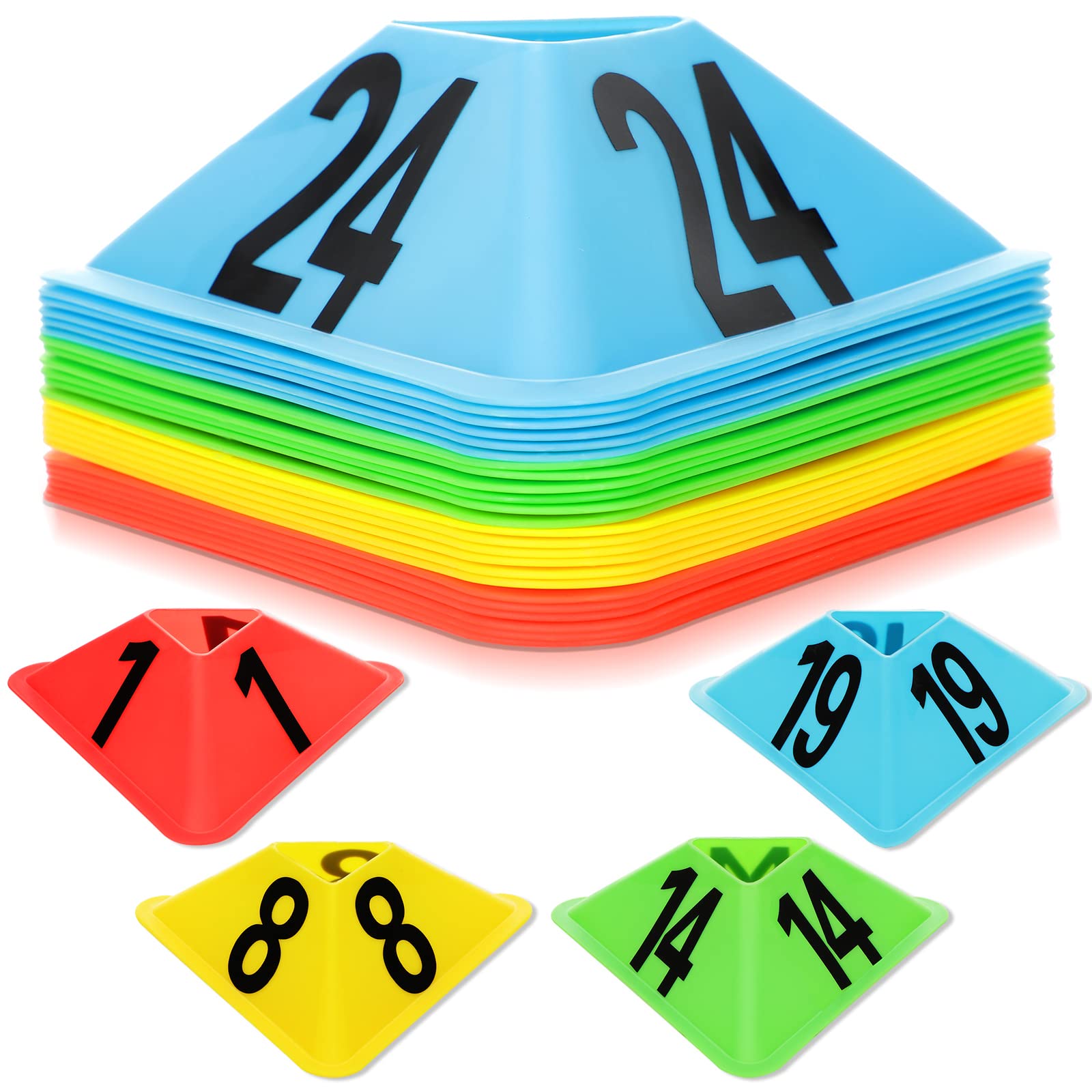 Photo 1 of Cindeer 24 Pack Sports Cones with Numbered Soccer Plastic Traffic Cones Modern Sport Training Marker(Yellow, Orange, Red, Green, Blue)