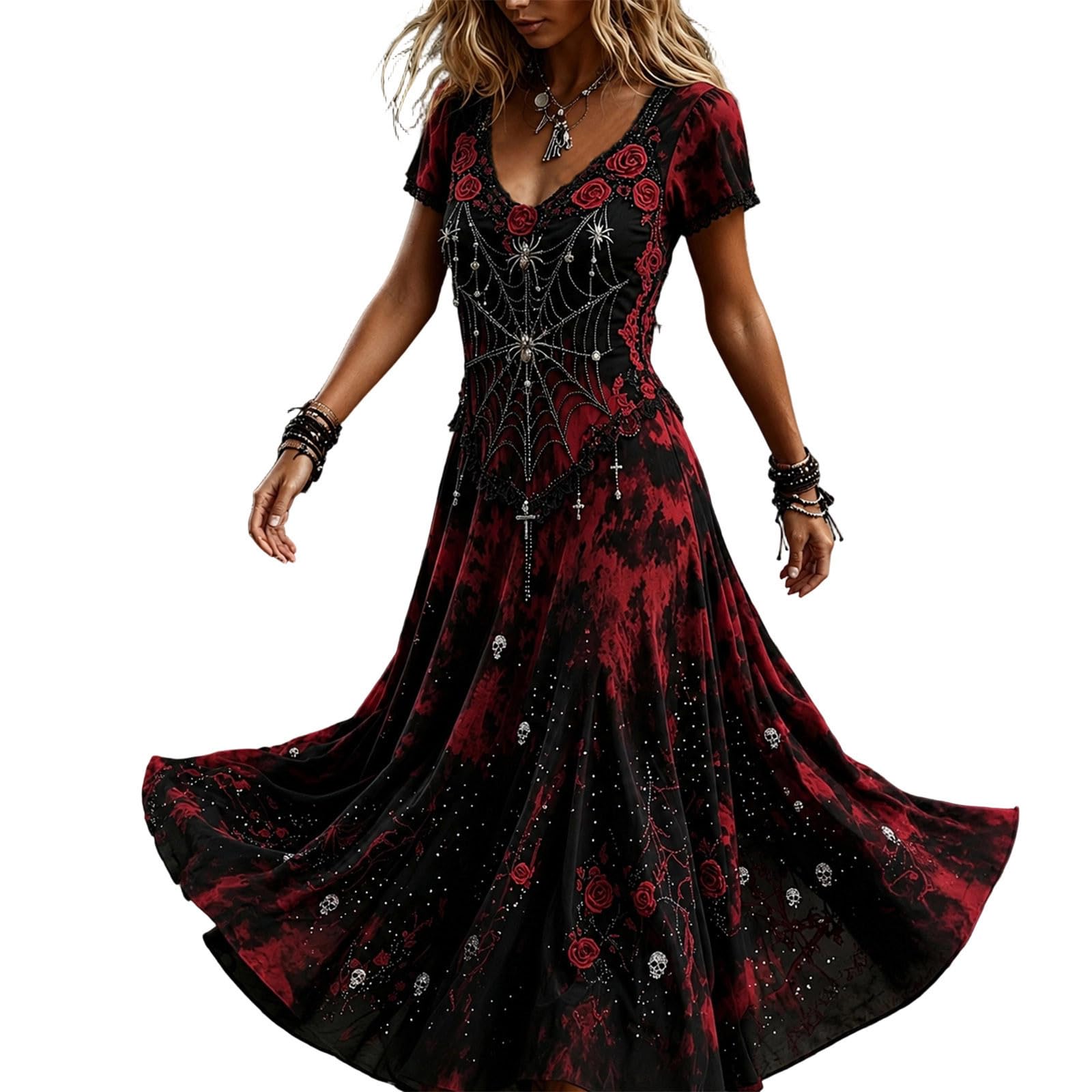 Halloween Costumes for Women UK, Ladies Gothic Skeleton Spider Web Dresses