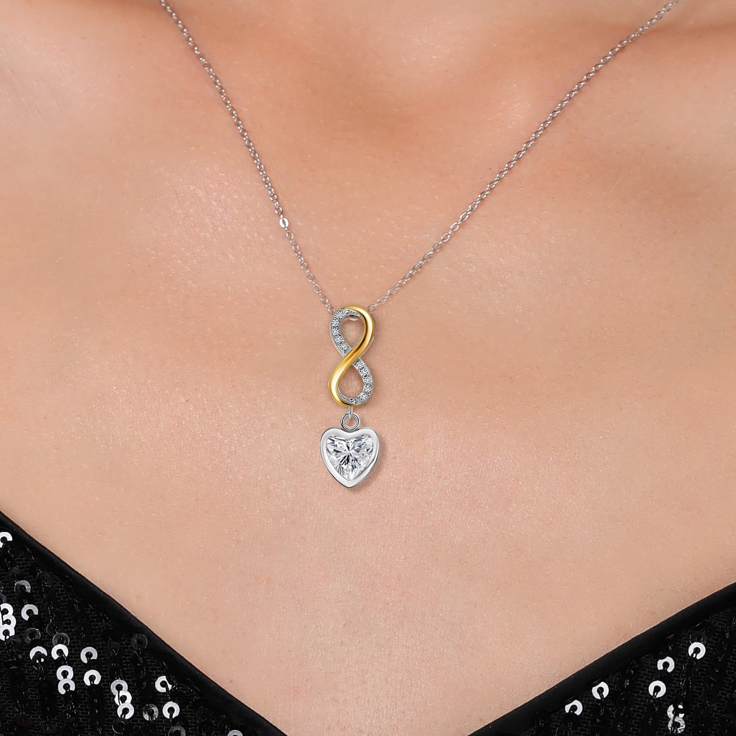 Gem Stone King Infinity Heart Necklace for Women | 6MM Heart Shape Gemstone Birthstone and Lab Grown Diamond Pendant Necklace | 925 Sterling Silver and 10K Yellow Gold | With 18 Inch Chain - Image 3