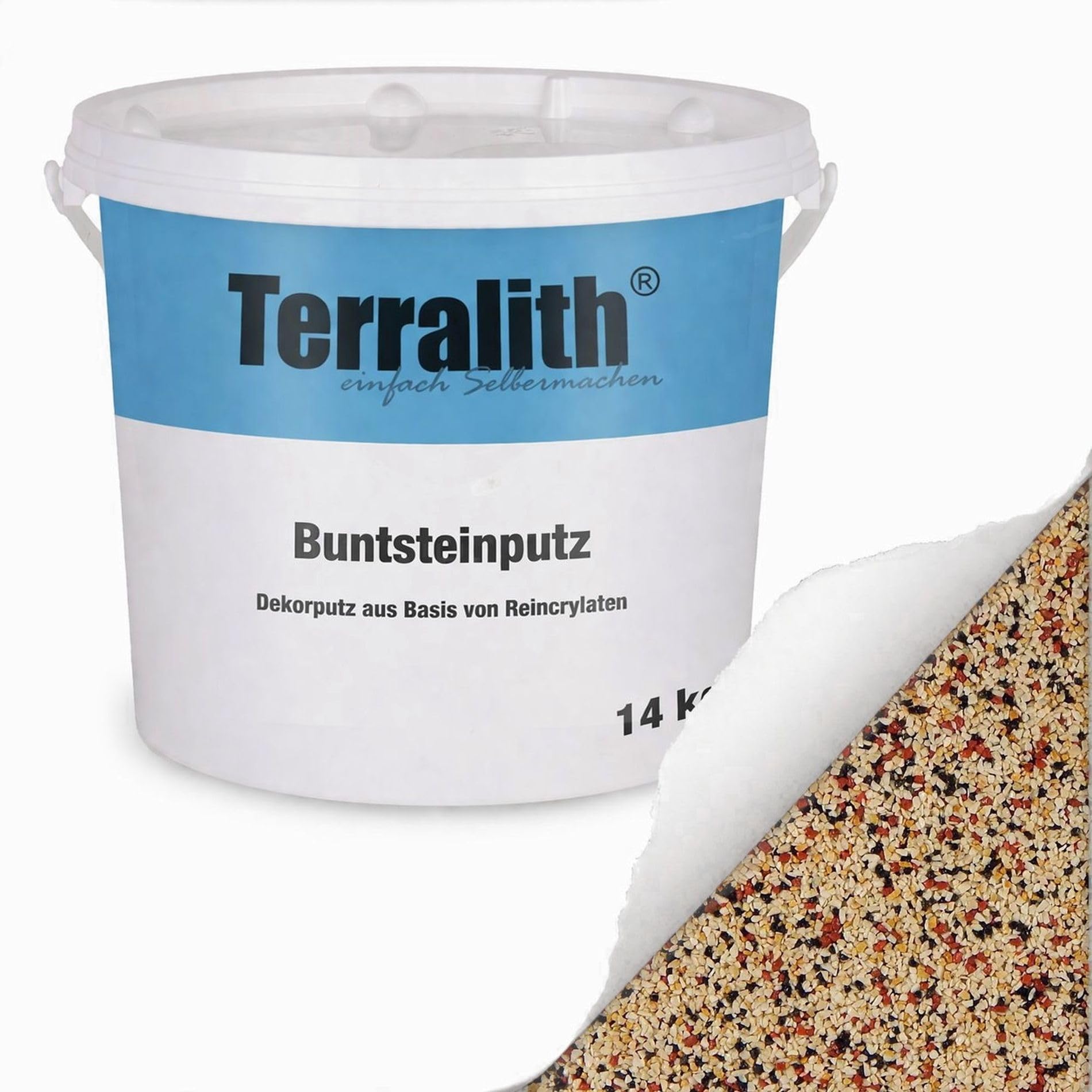 Terralith Buntsteinputz 14kg in beige-schwarz, Sockelputz für Innen und Außen mit Reinacrylat Bindemittel aus Naturstein, 1-2mm Körnung (BSP76)