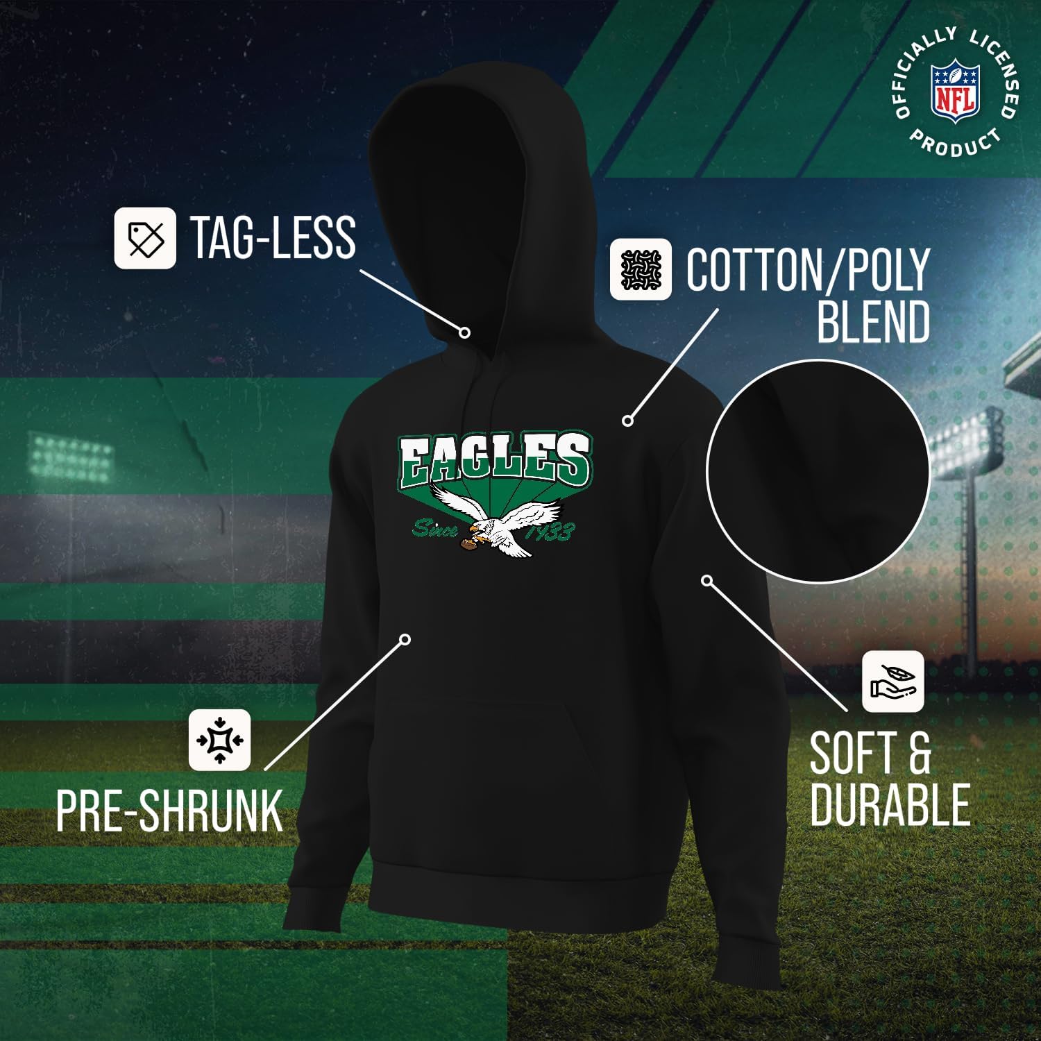 Team Fan Apparel NFL Adult Unisex Vintage Block Ultra Soft Fleece Hooded Sweatshirt, Officially Licensed Football Performance