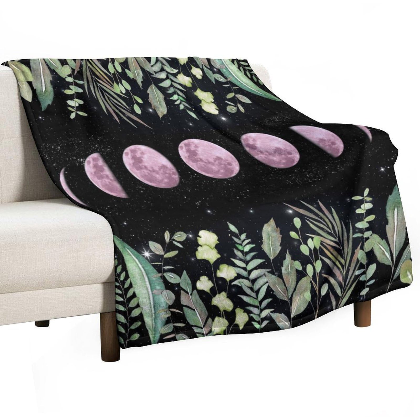 BenYaSong Moon Phase Blanket Moonlit Garden Boho Floral Night Space Celestial Frame Leaves Plants Magic Lunar Cycles Decor Bedding Blanket Gifts for Boys Girls Kids Adult Men Women 50"x60"