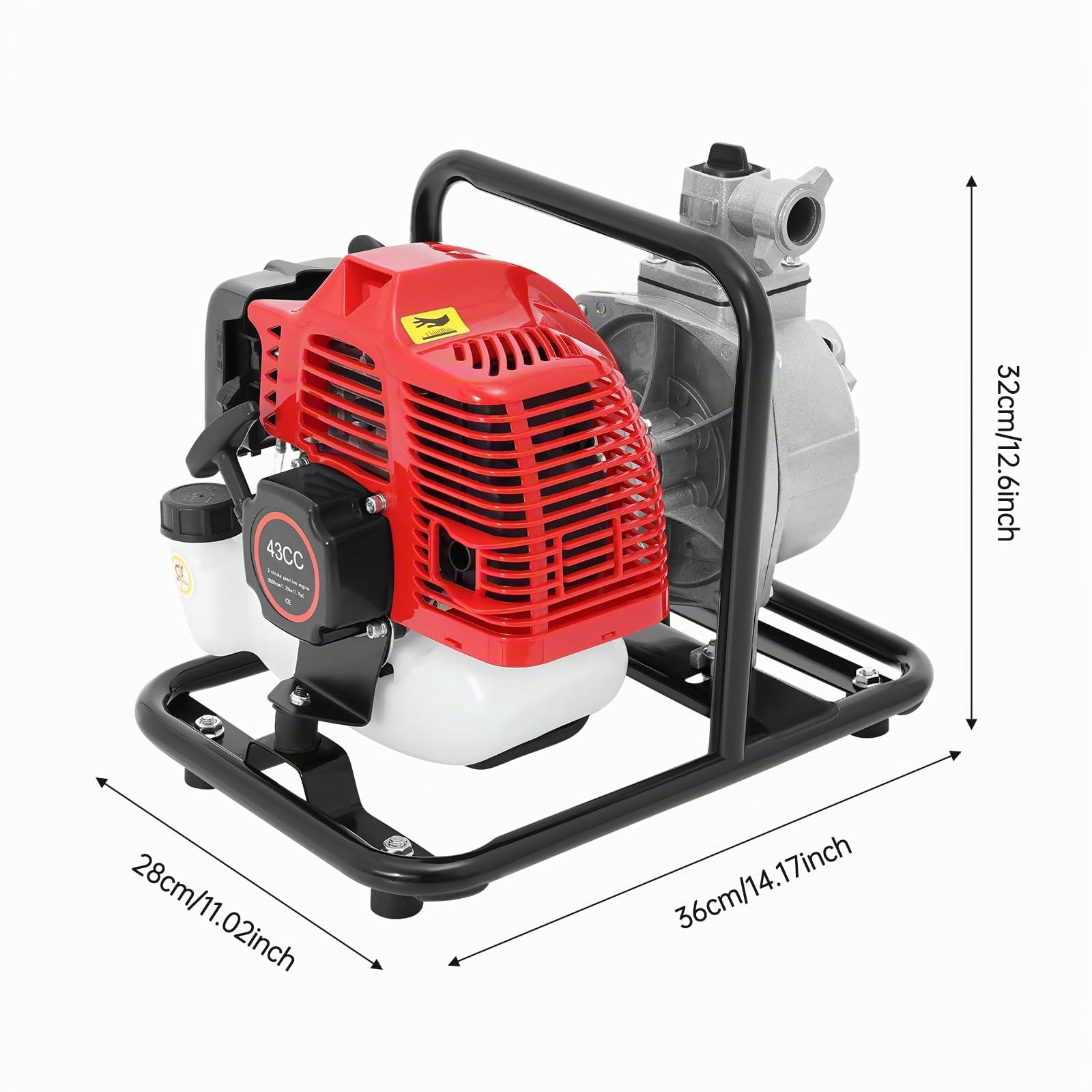 Pompe à eau à essence 43 cc, moteur 2 temps de 1,7 CV, pompe à eau portable de 1,25 kW, débit 10 m³/h, hauteur de refoulement max. 30 m, 8500 tr/min
