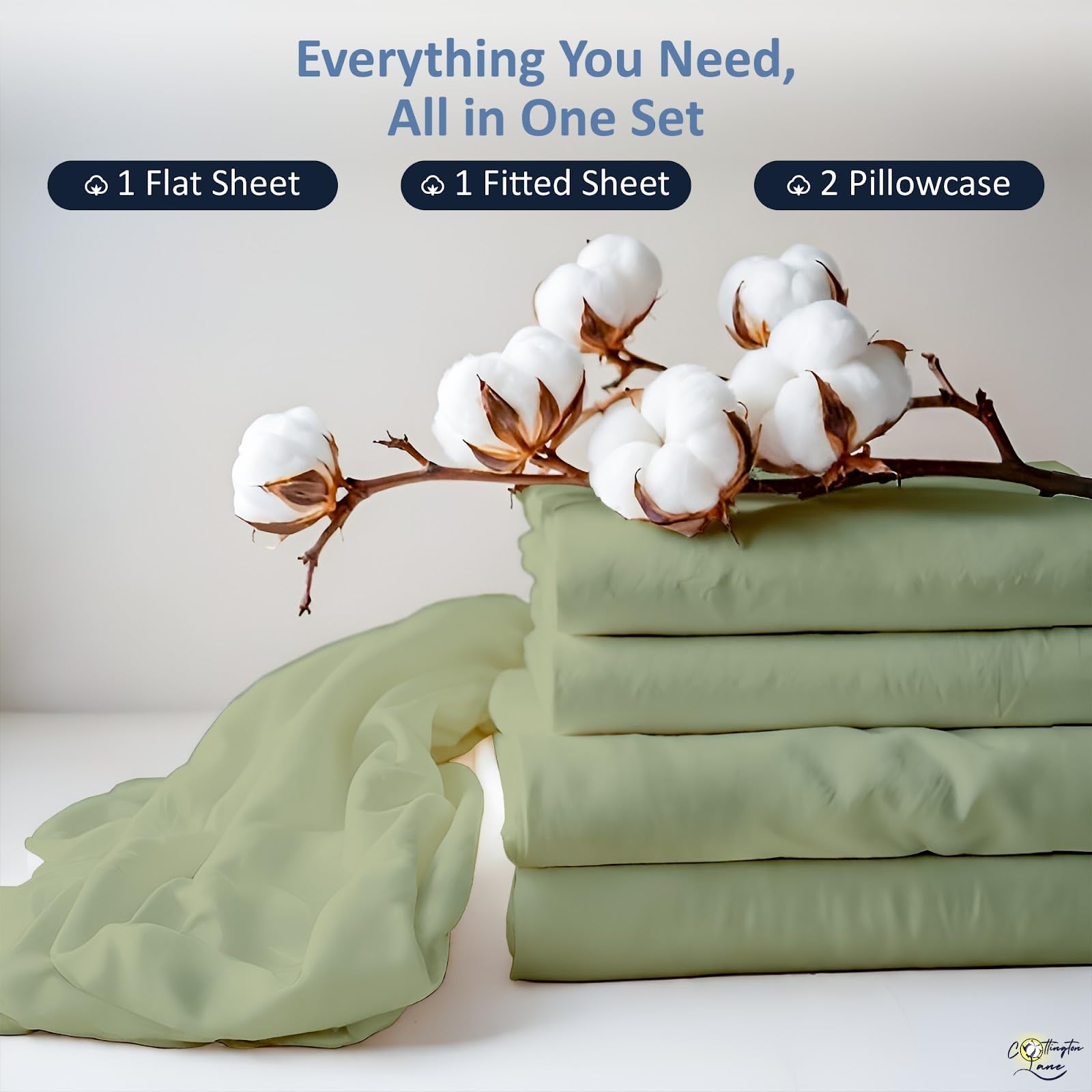 Cottington Lane Set di lenzuola in 100% cotone per letto matrimoniale XL, 4 pezzi, color salvia, lussuose lenzuola di qualità alberghiera, con tasca profonda per materassi da 20-40 cm, morbide