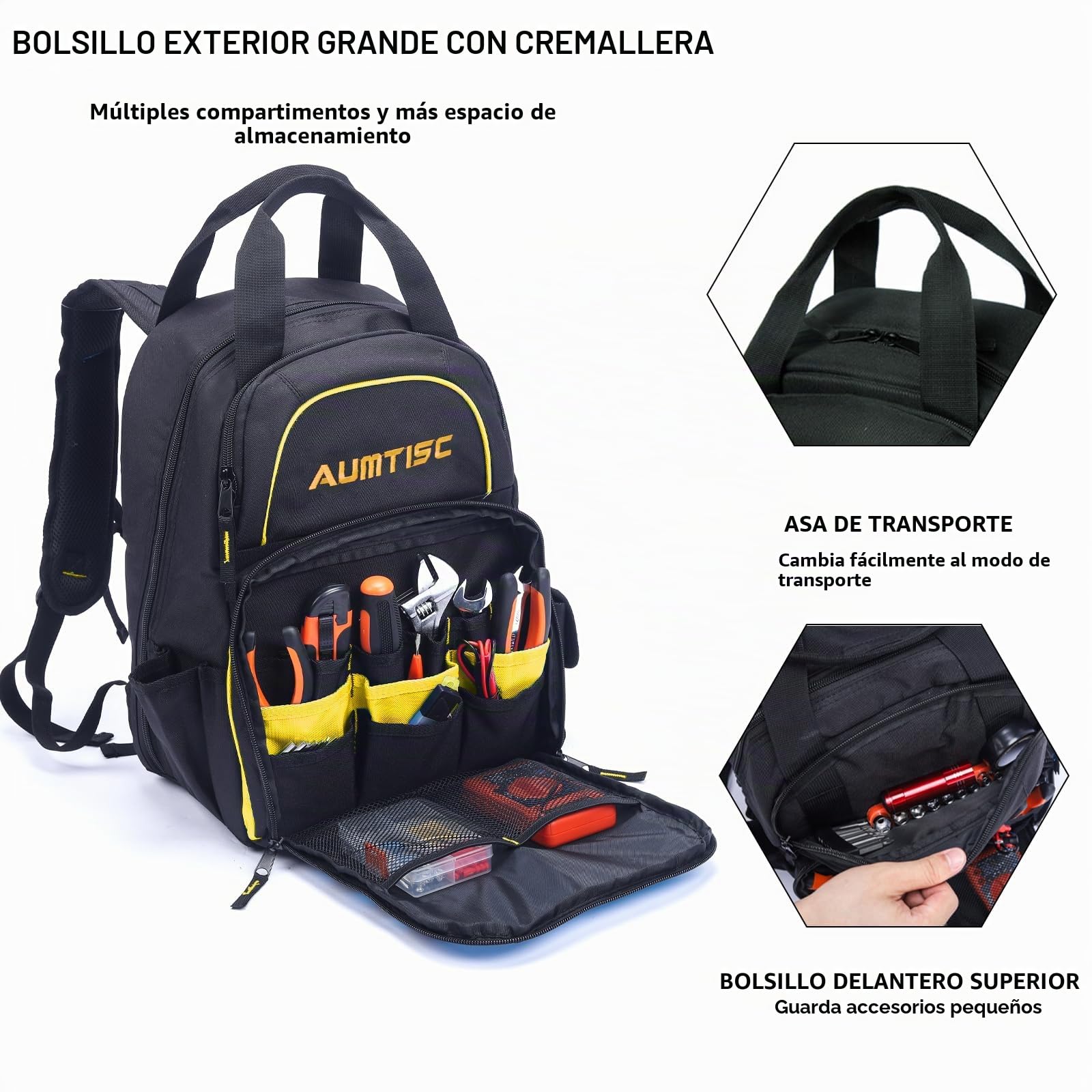 AUMTISC Mochila para herramientas Mochila para trabajo pesado Mochila para herramientas con bolsillo multiusos Mochila para trabajo industrial y de construcción (Amarillo)