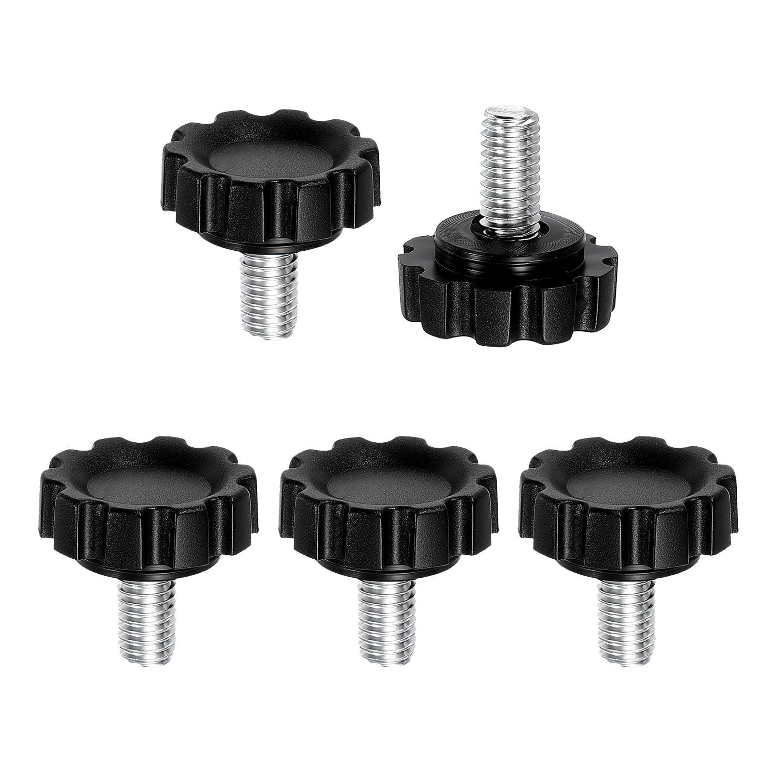 sourcing map 5 Pcs Knurled Knobs Clamping Handles M6 x 12mm Metric Male Thread Carbon Steel Hand Tightening Screws Threaded Stud Knob Bolts for Woodworking Jigs, Black