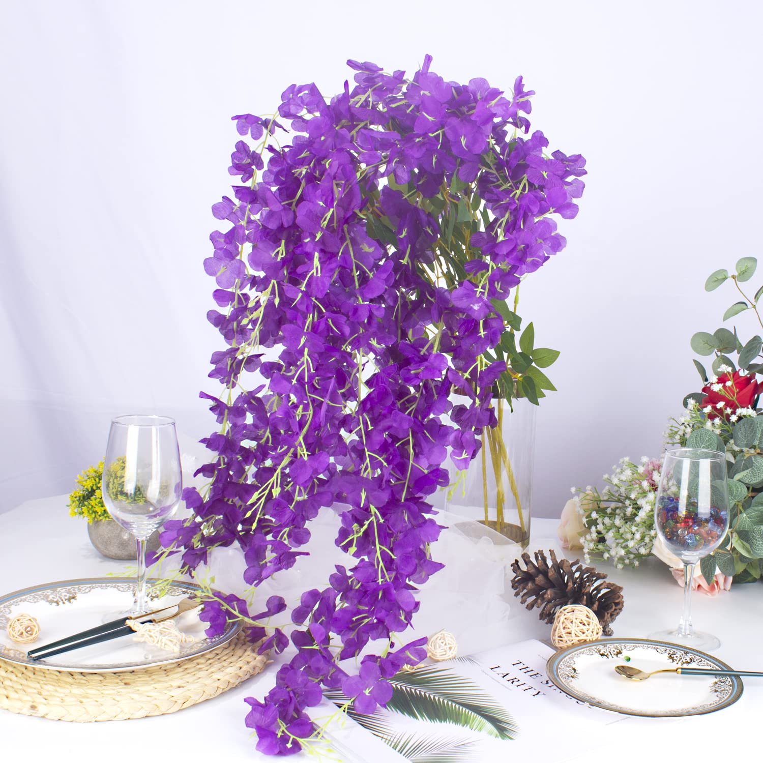 Künstliche Blumen, Seide, Glyzinienranke, Ratta, zum Aufhängen, Künstliche Pflanzen, Blau, 12 Stück