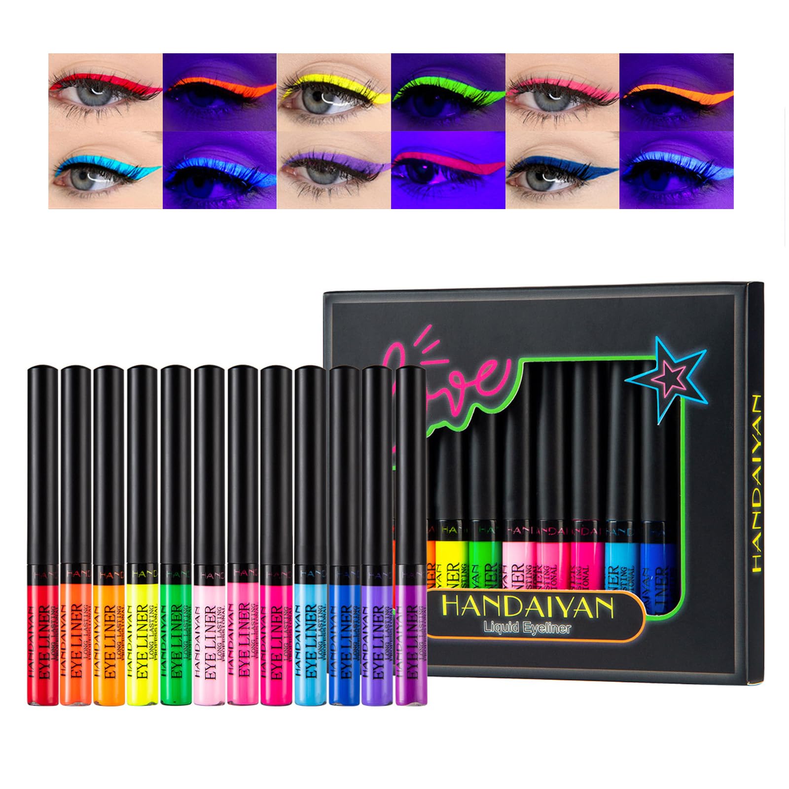 Neteson 12 Piezas Eyeliner Colores Waterproof Eyeliner Neón UV Eye Liner Delineador de Ojos Liquido Colores Lapiz De Ojos Gel Eyeliner Mate Long Lasting Maquillaje Regalo para Mujer