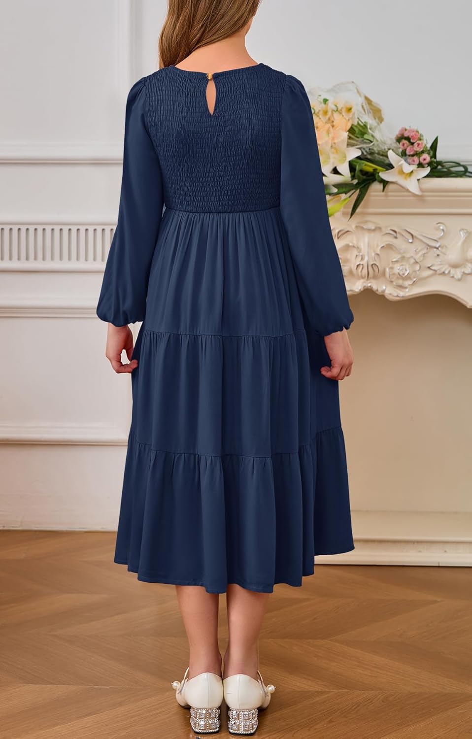 MITILLY Girls Boho Midi Dress Puff Long Sleeve Crew Neck High Waist Smocked Tiered Casual Long Dress with Pockets - Image 5