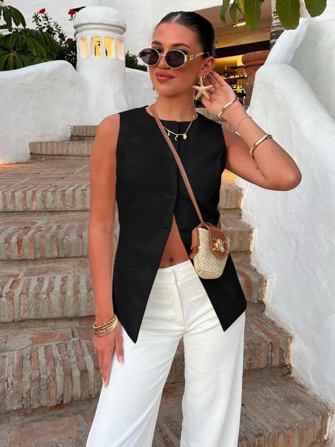 Cicy Bell Womens Round Neck Waistcoat Vest Summer Button up Vest Tops Casual Business Fitted Sleeveless Blazer - Image 4