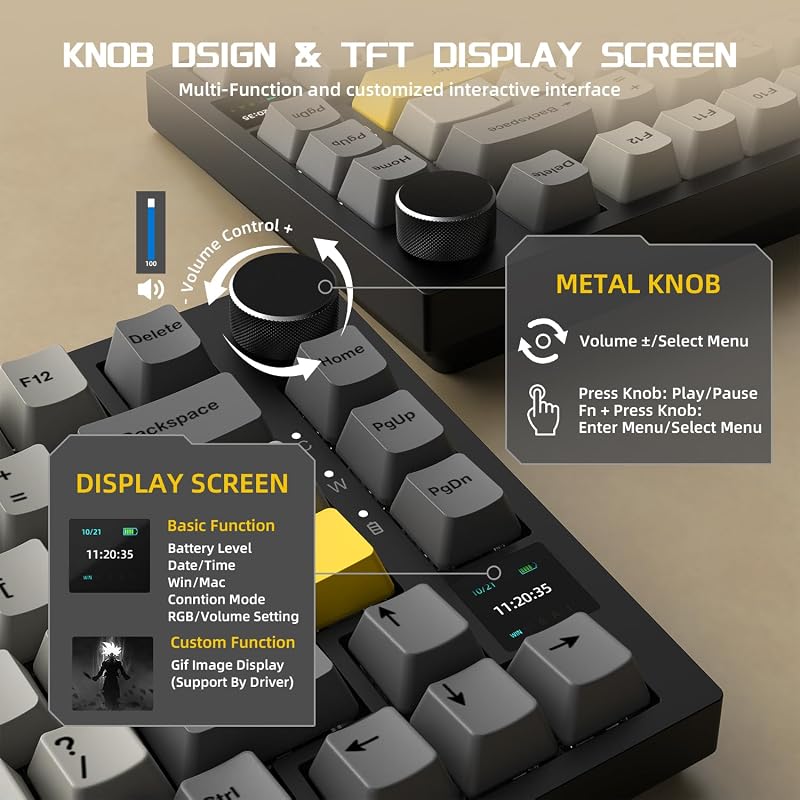 YINDIAO AK820 PRO Mechanikus Billentyűzet TFT Kijelzővel, Vezeték Nélküli 2.4G/Bluetooth, Szürke