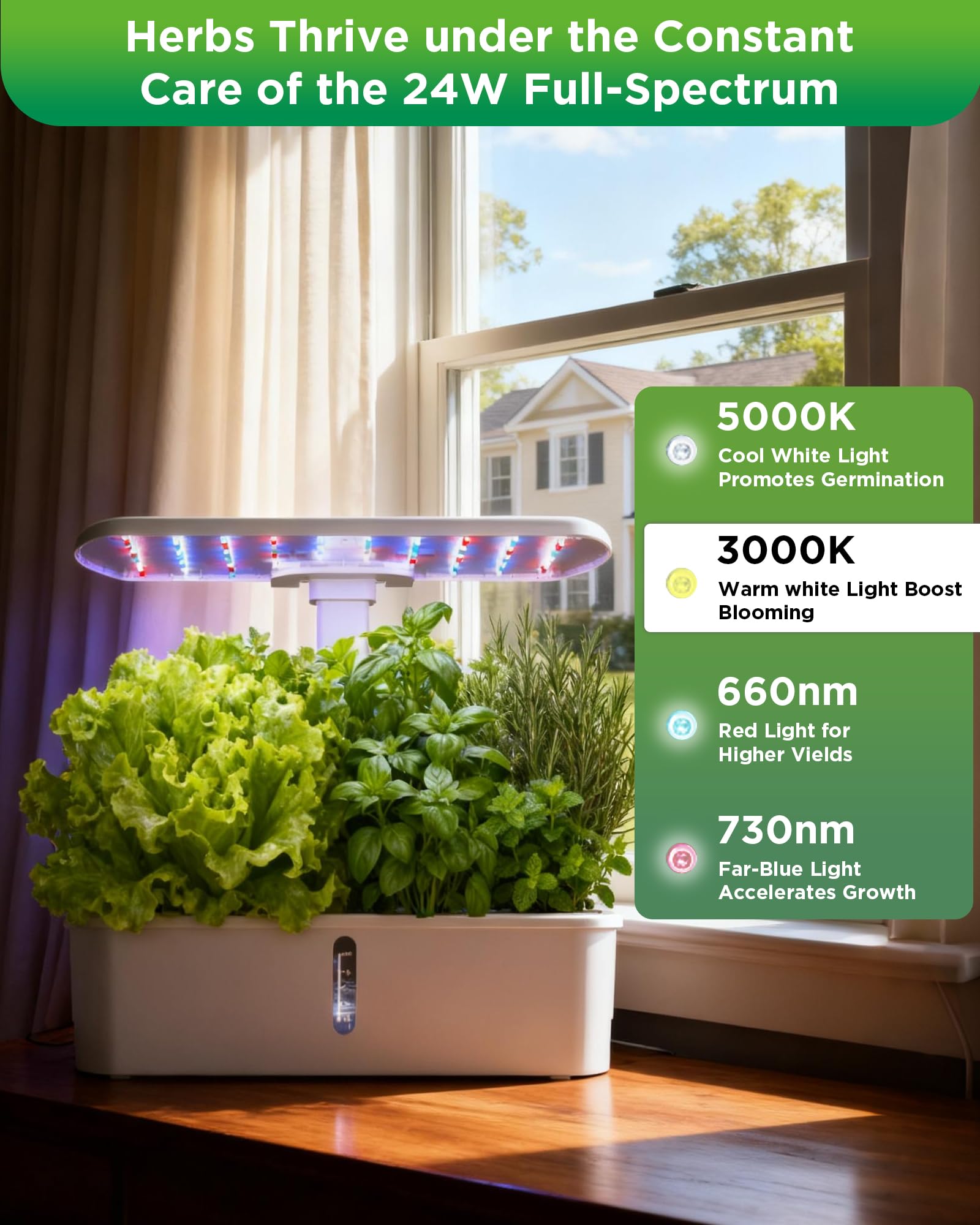 Kit per la coltivazione idroponica con 12 cialde, kit da giardino idroponico per interni con luce LED da 24 W, giardino interno intelligente, regolabile in altezza, timer automatico, pompa silenziosa