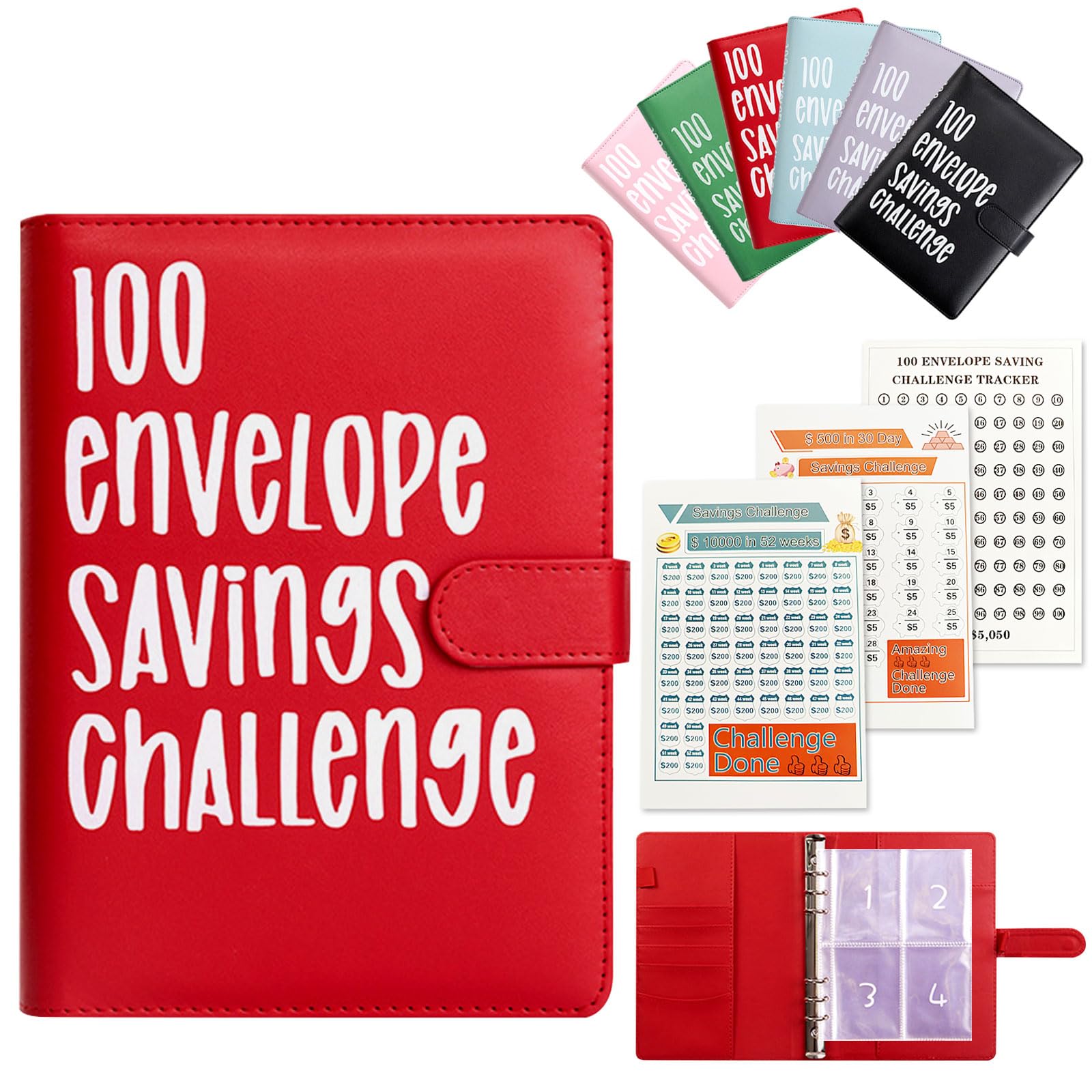 Money Saving Envelopes Challenge Binder 100 Money challenge Book to Save $5,050,10,000, 500, 52 Week Money Savings Challenges Book with Cash Envelopes for Budgeting Planner (Red)