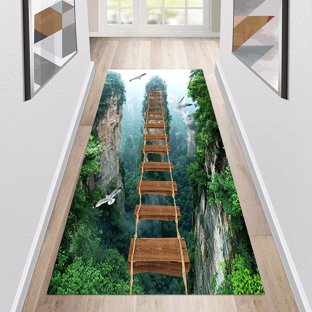 Tapis de couloir 3D Illusion d'optique long antidérapant et moderne pour couloir, salon, couloir, cuisine (Natural G, 60 x 200 cm)